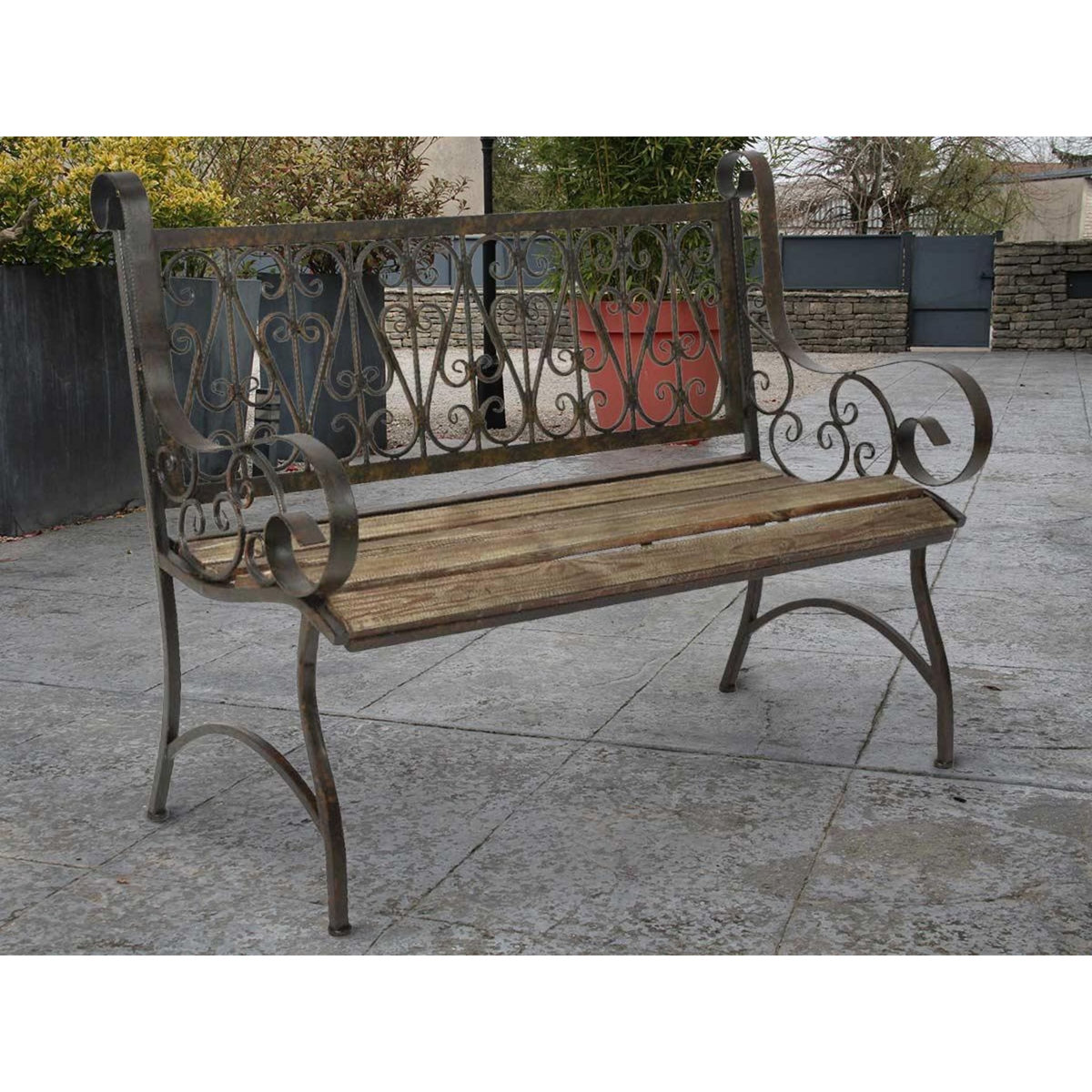 JARDIDECO Banc de jardin en bois et métal Bordeaux - Jardideco