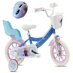 Disney La Reine des Neiges Vélo enfant 12'' - Modèle Reine des neiges + Casque - Idéal pour enfant de 85 à 100 cm - Livré avec stabilisateurs - 1 Frein - Panier avant - Porte poupée arrière et roues à bâtons