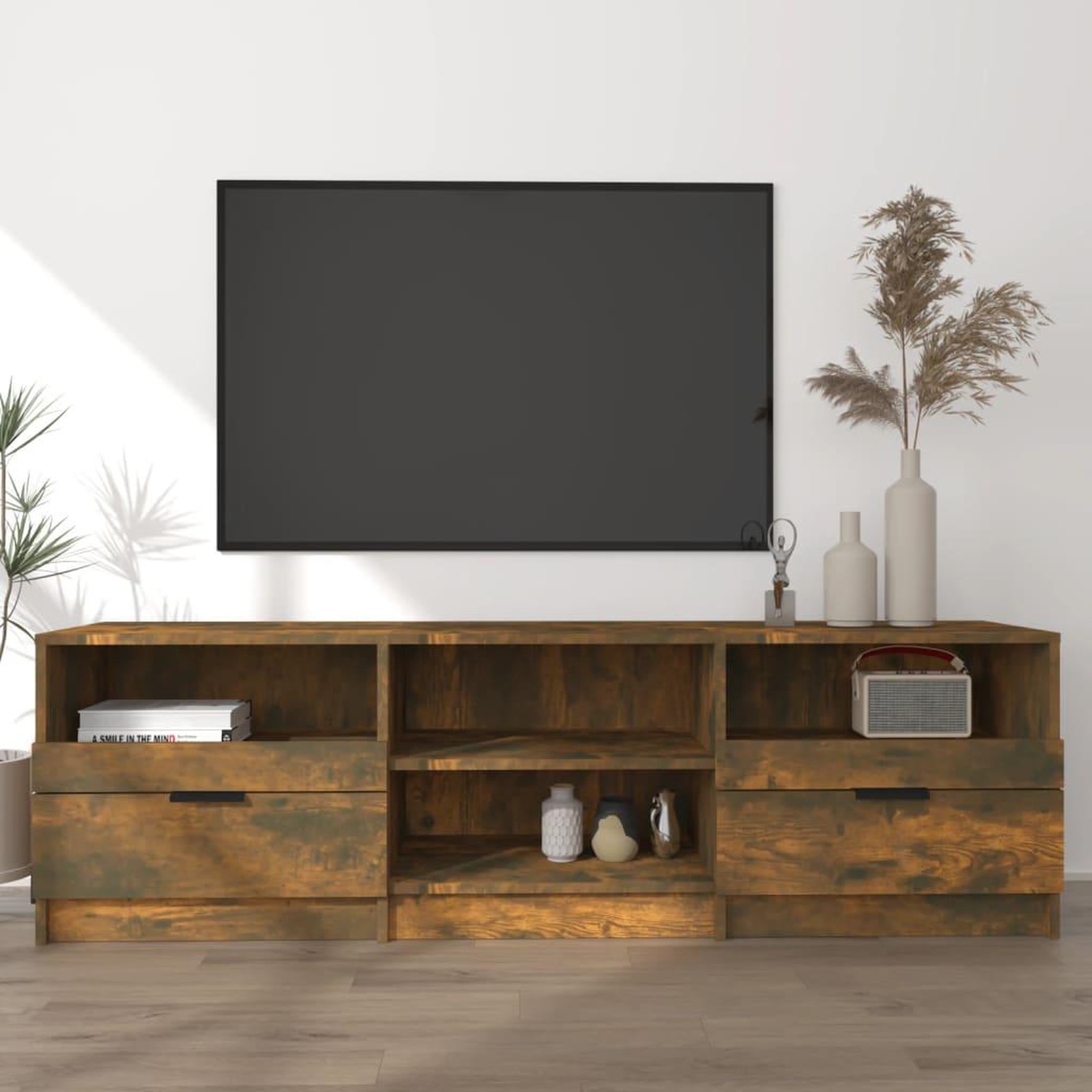 Voir la diapositive 1 : VIDAXL Meuble TV Chene fume 150x33,5x45 cm Bois d'ingenierie