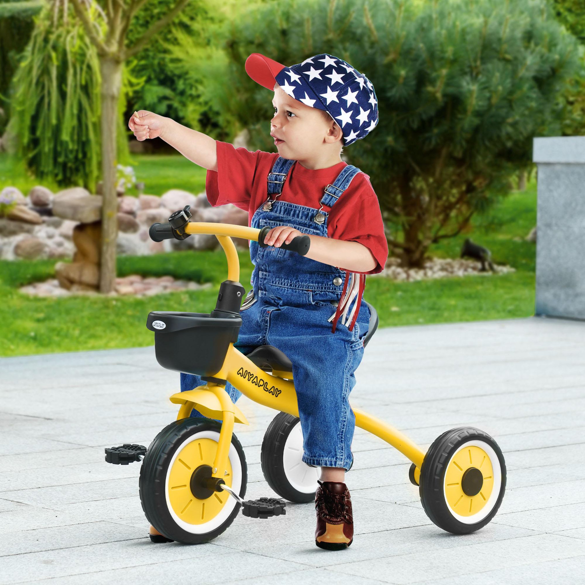Voir la diapositive 2 : HOMCOM Tricycle enfant multi-équipé garde-boue sonnette panier pédales antidérapantes siège réglable avec dossier métal jaune