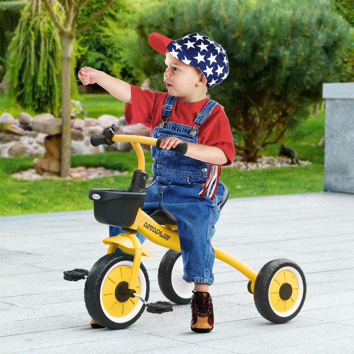 HOMCOM Tricycle enfant multi-équipé garde-boue sonnette panier pédales antidérapantes siège réglable avec dossier métal jaune