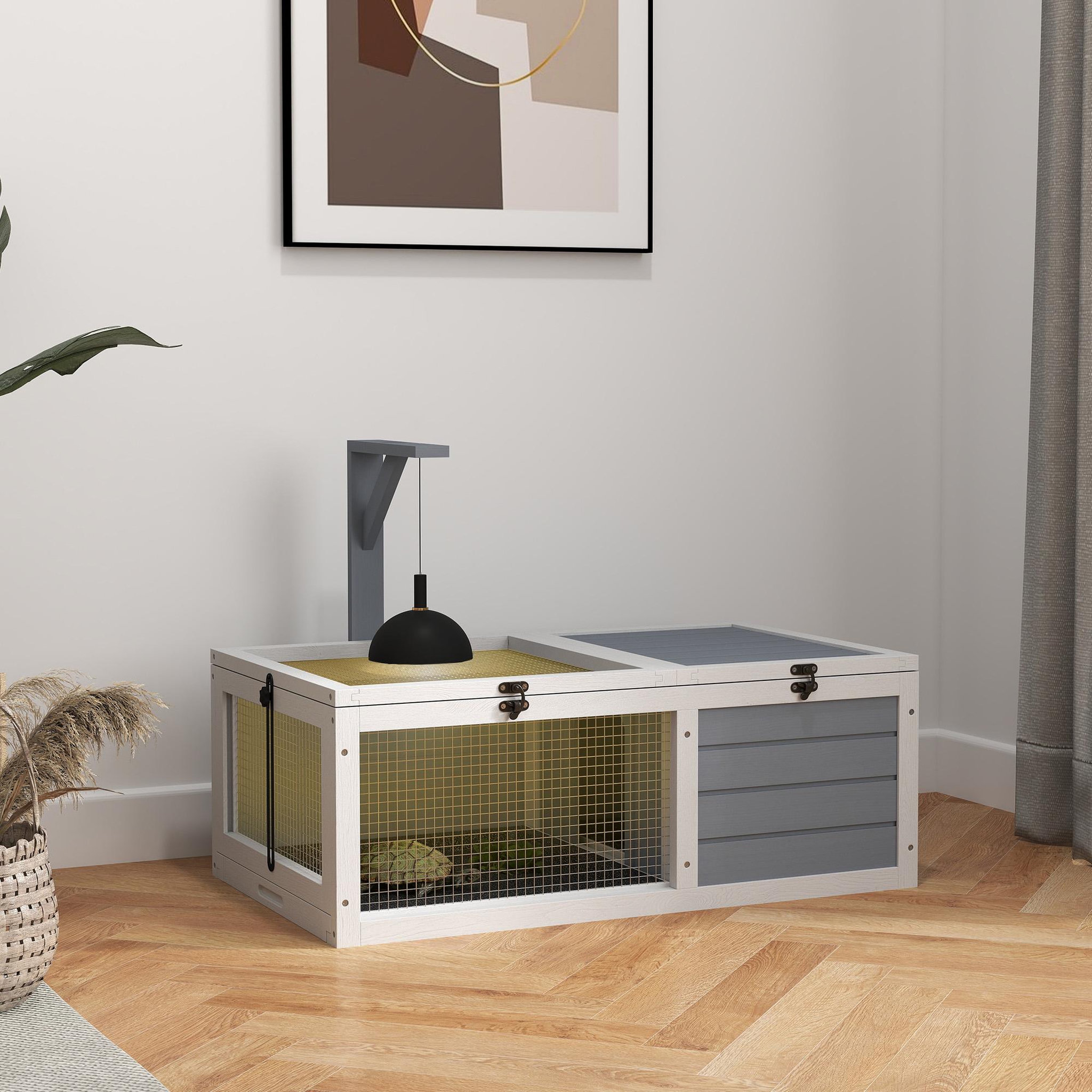 Voir la diapositive 2 : PAWHUT Enclos tortue - maison tortue terrestre exterieur - support de lampe, 2 plateaux coulissants - dim. 81L x 48l x 31H cm - bois gris clair
