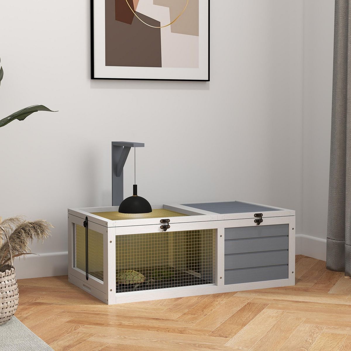 PAWHUT Enclos tortue - maison tortue terrestre exterieur - support de lampe, 2 plateaux coulissants - dim. 81L x 48l x 31H cm - bois gris clair