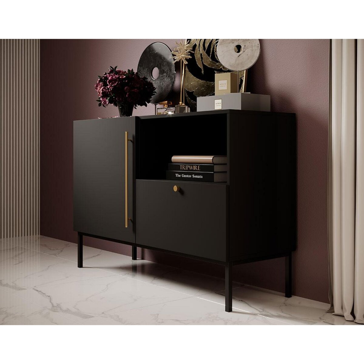 BEST MOBILIER Felicia - buffet bas - noir - 1 porte, 1 tiroir et 1 niche - 120 cm