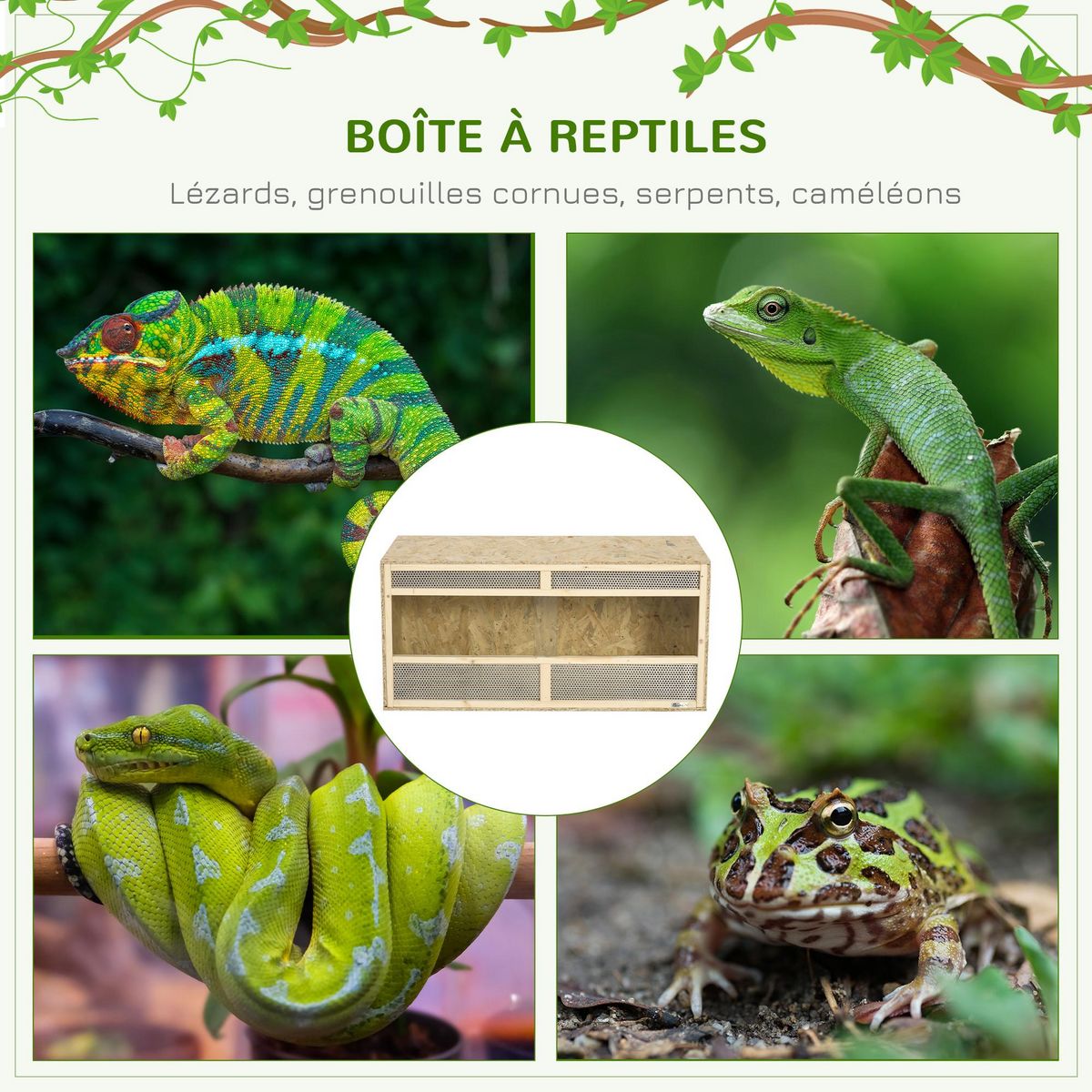 PAWHUT Terrarium - vivarium reptiles - 2 portes coulissantes verre trempé - parois frontales maillées - métal OSB