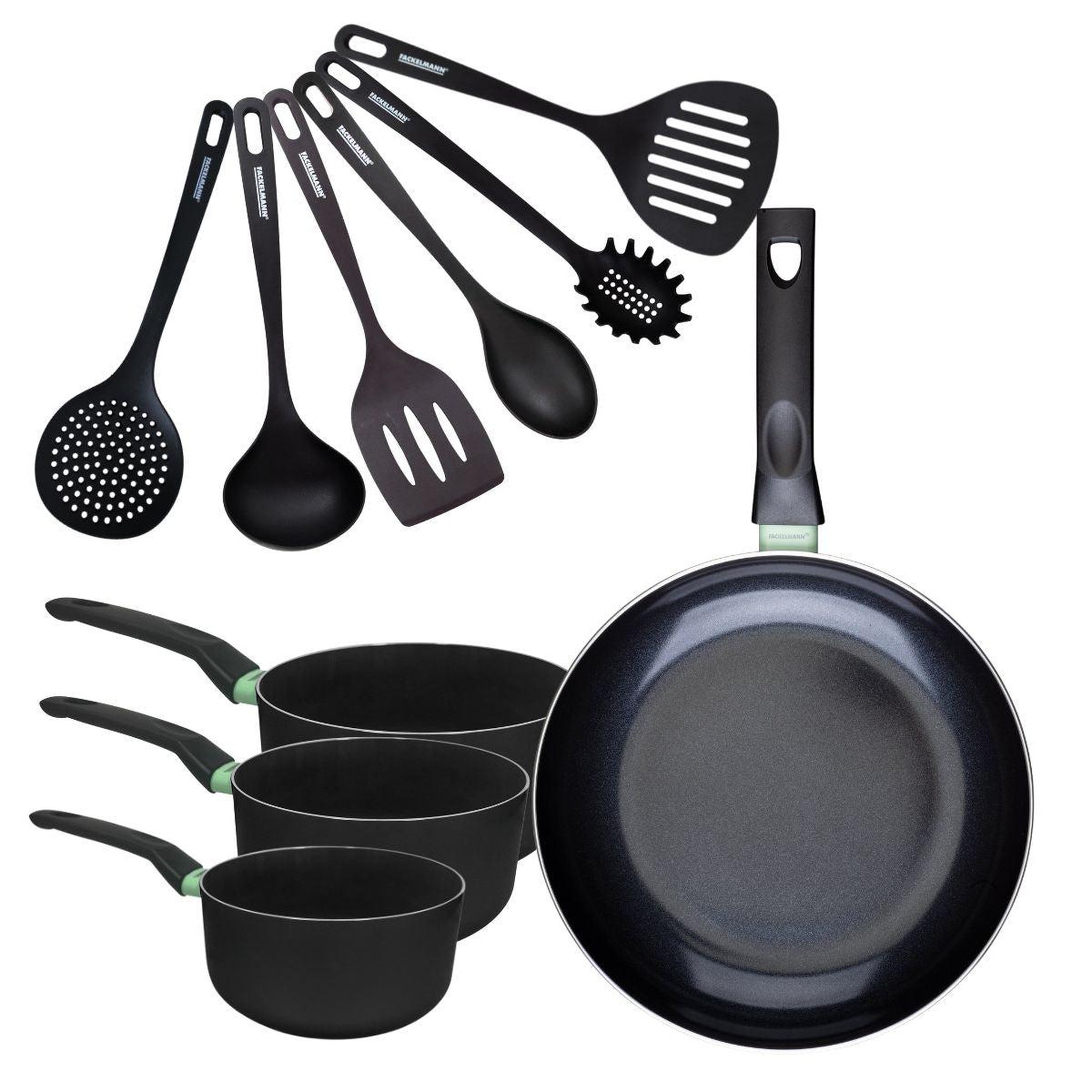 Fackelmann Set de 1 poêle 30 cm, 3 casseroles antiadhésives céramique 16, 18 et 20 cm et 6 ustensiles fackelmann brandao