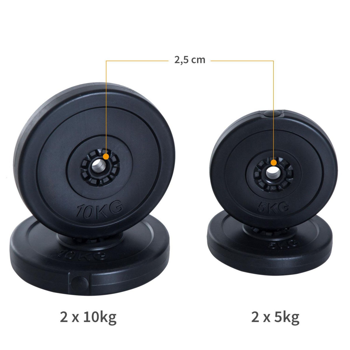 HOMCOM Disques de poids - lot de 4 disques d'haltère - ensemble de poids 5 Kg et 10 Kg - poids total 30 Kg - entraînement musculaire & haltérophilie - HDPE noir