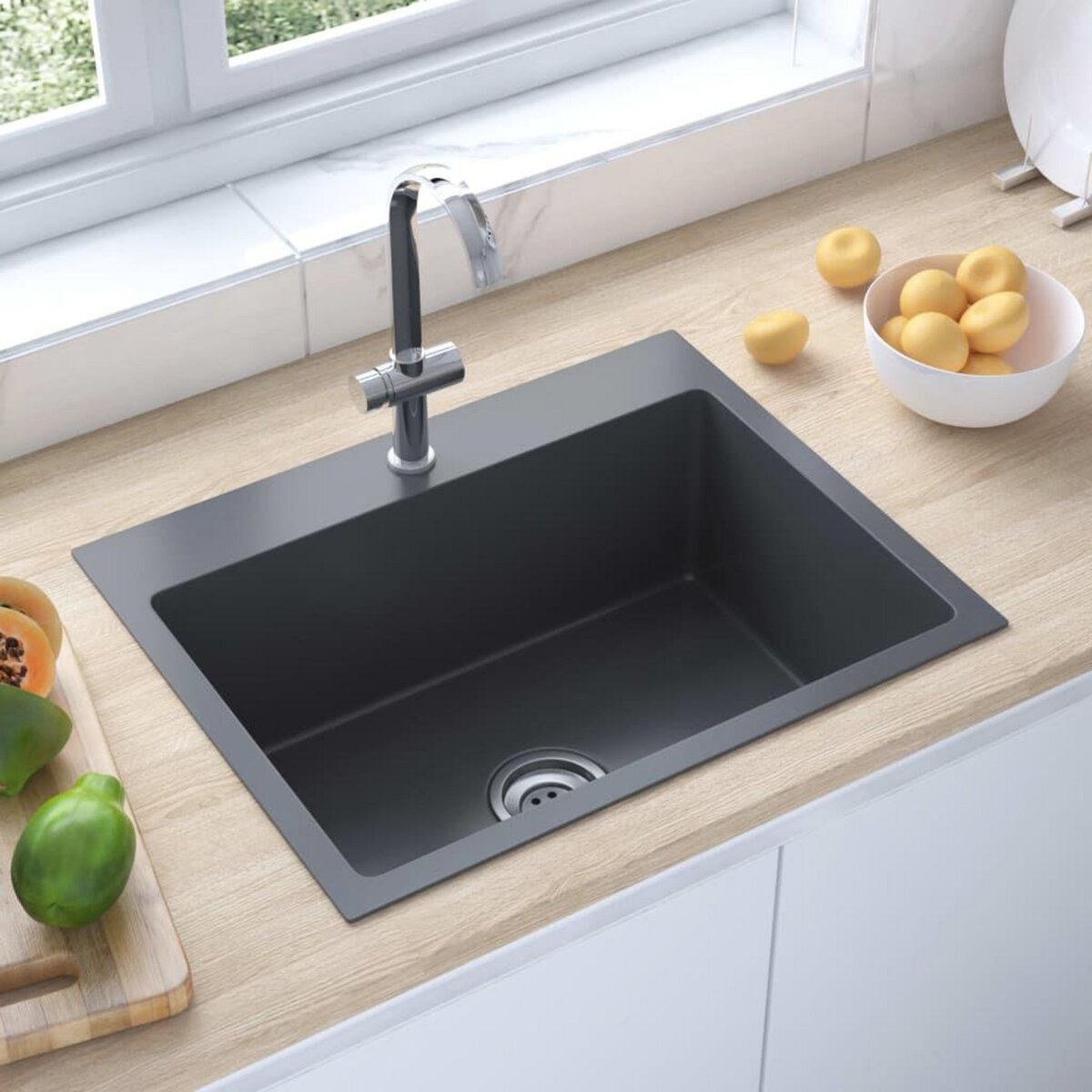 VIDAXL Evier de cuisine fait main Noir Acier inoxydable