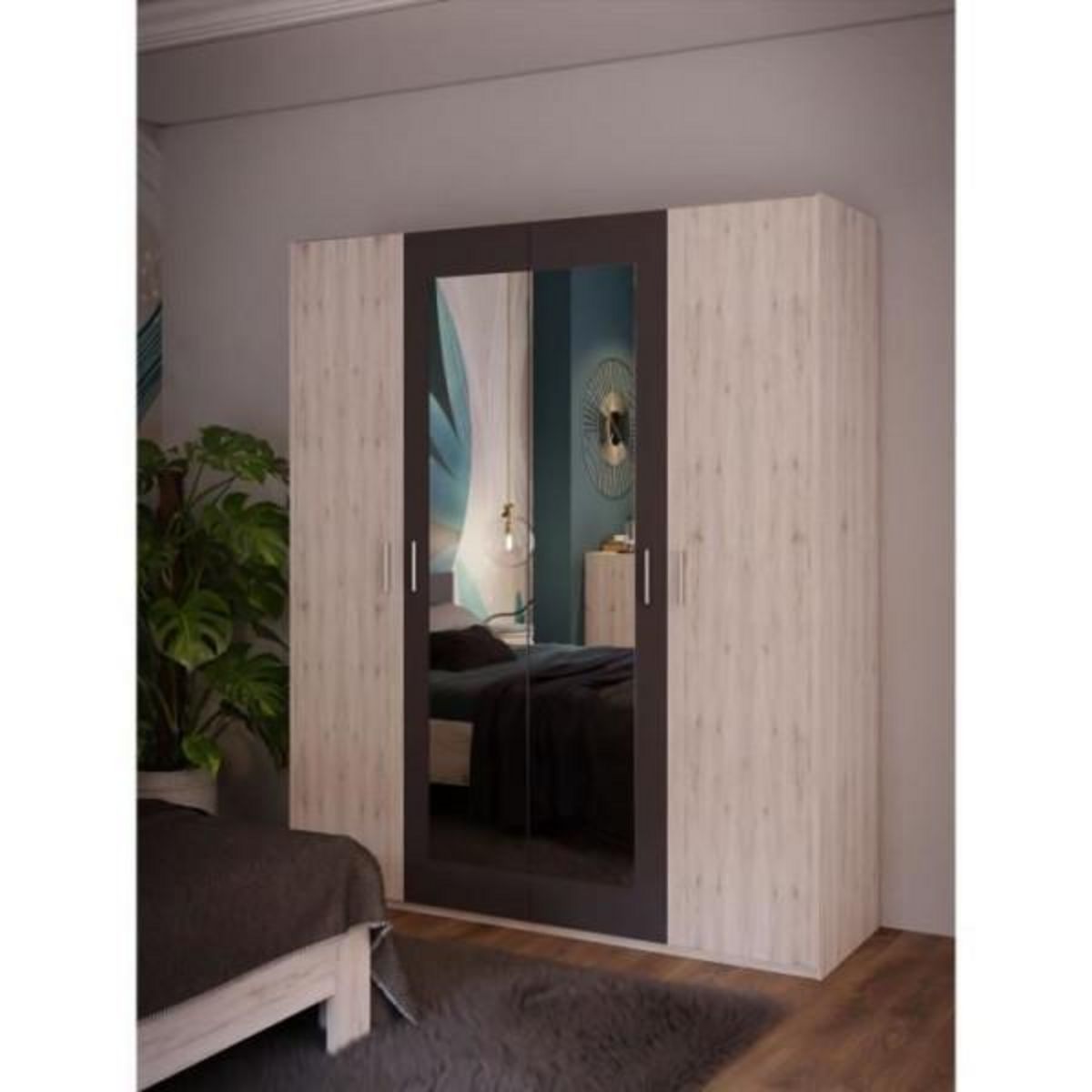 MARKET24 Armoire de chambre - ADRIA - Décor Chene cendré / Gris foncé - 4 portes battantes - 2 miroirs - L177,5 x P54,2 x H210,5 cm