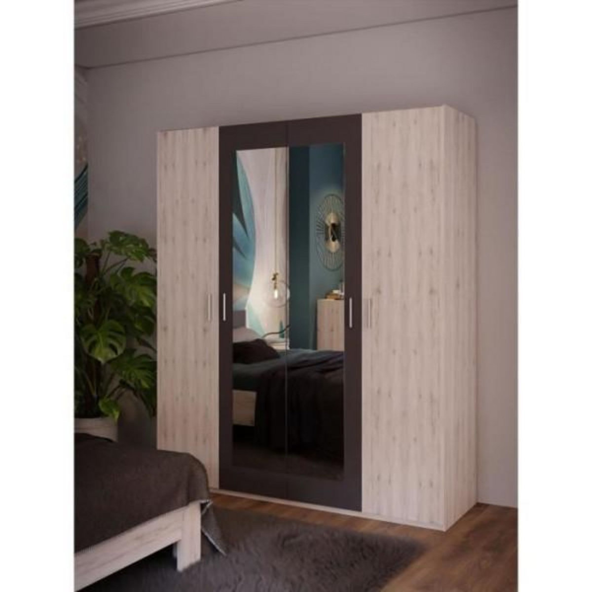 MARKET24 Armoire de chambre - ADRIA - Décor Chene cendré / Gris foncé - 4 portes battantes - 2 miroirs - L177,5 x P54,2 x H210,5 cm