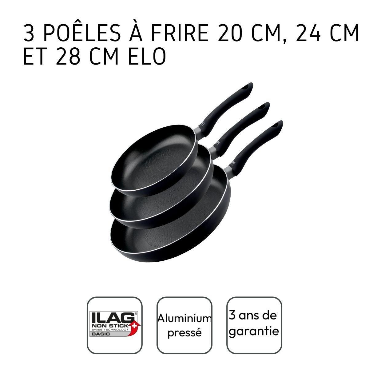 ELO Set de 3 poêles à frire 20 cm 24 cm et 28 cm fond en nid d'abeille et doseur d'huile Elo Smart Life