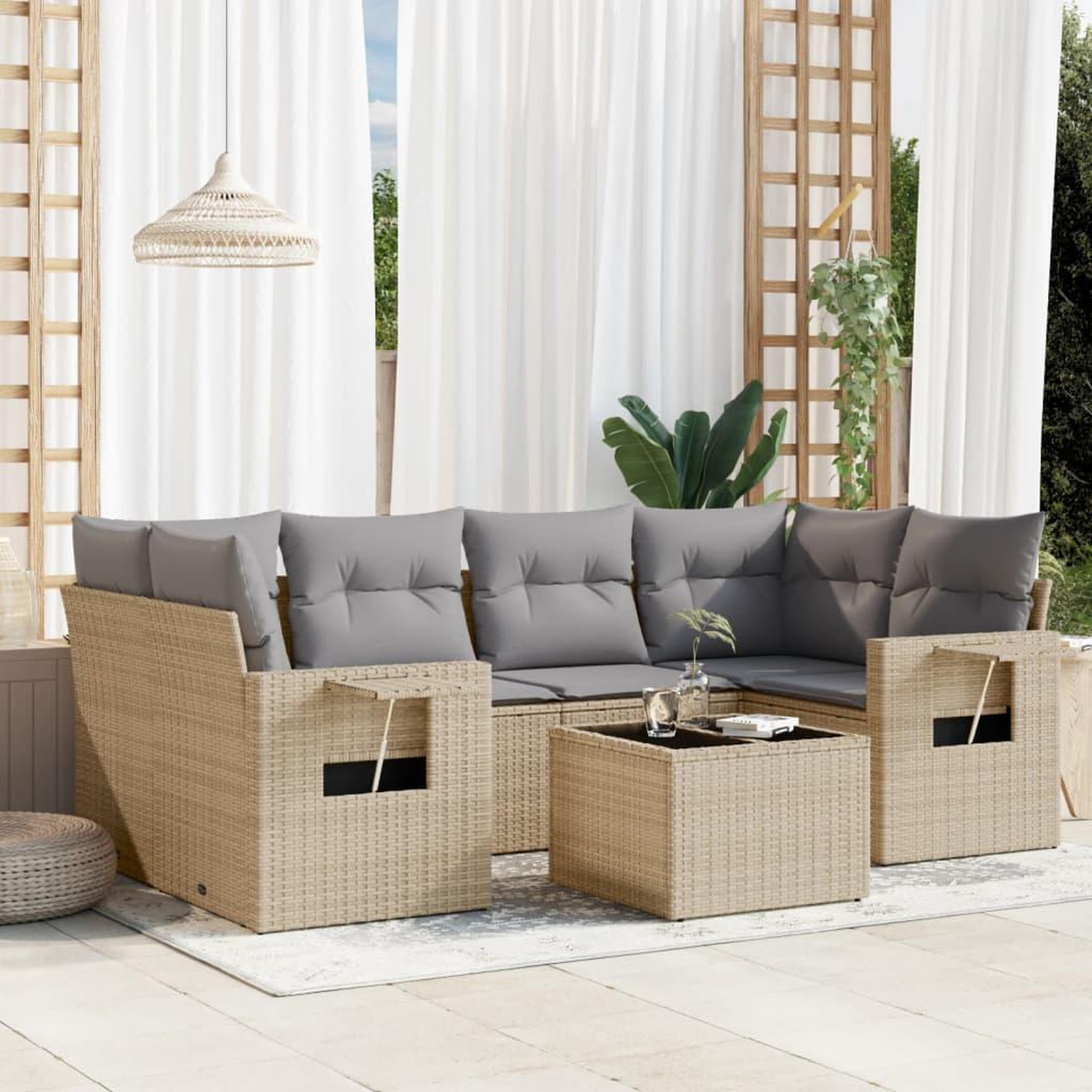 VIDAXL Salon de jardin avec coussins 7 pcs beige resine tressee