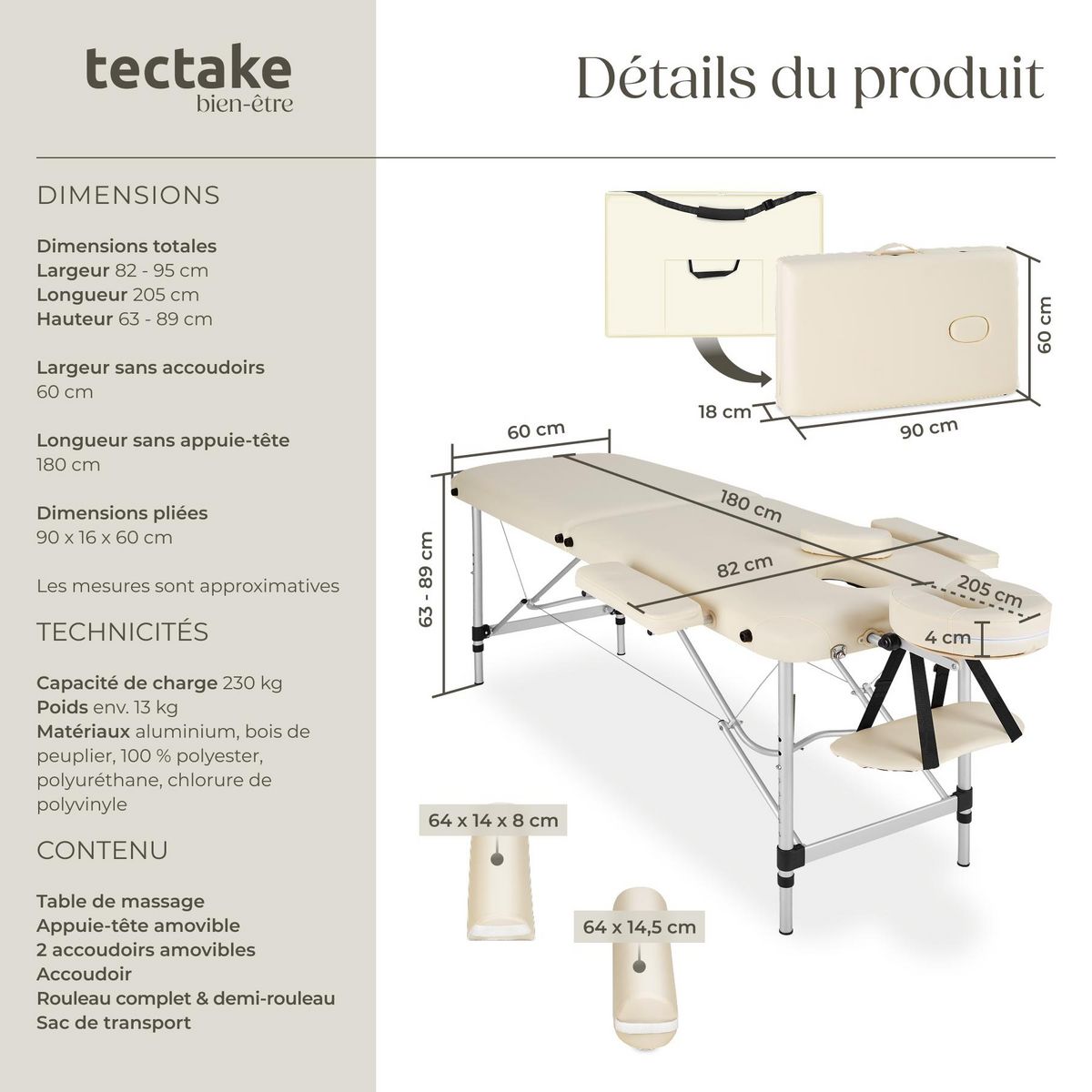 tectake Table de massage portable pliante 2 zones largeur 61 cm et rembourrage de 4 cm beige