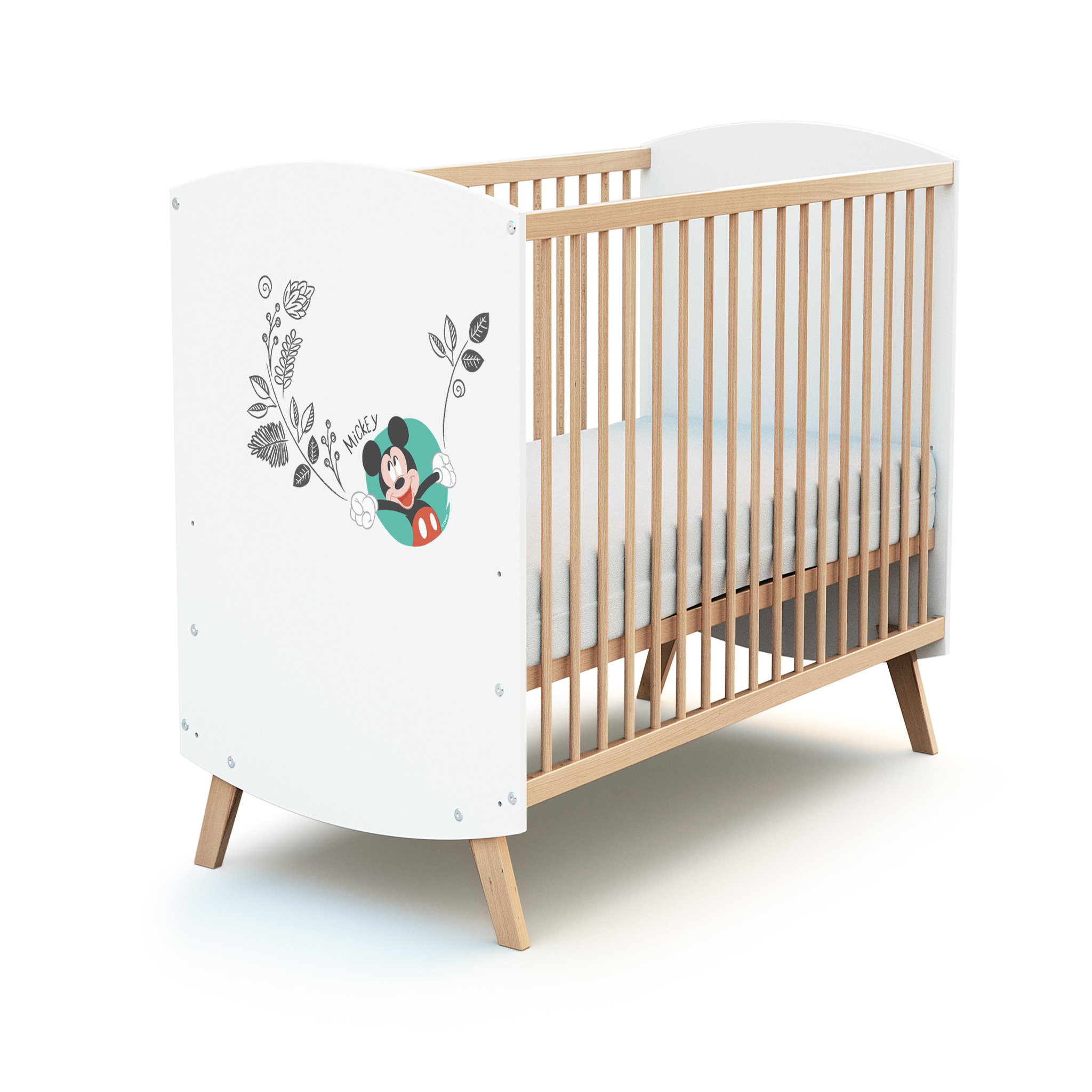 Voir la diapositive 4 : AT4 Lit bébé 60x120 cm MICKEY DISNEY Blanc et Hêtre Verni