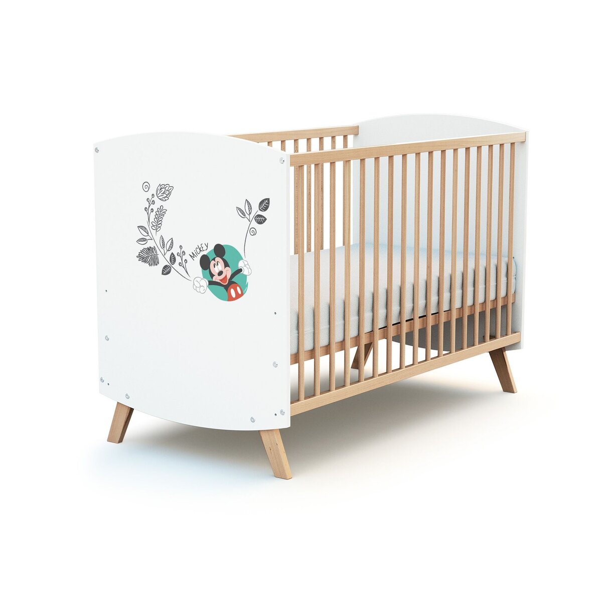 AT4 Lit bébé 60x120 cm MICKEY DISNEY Blanc et Hêtre Verni