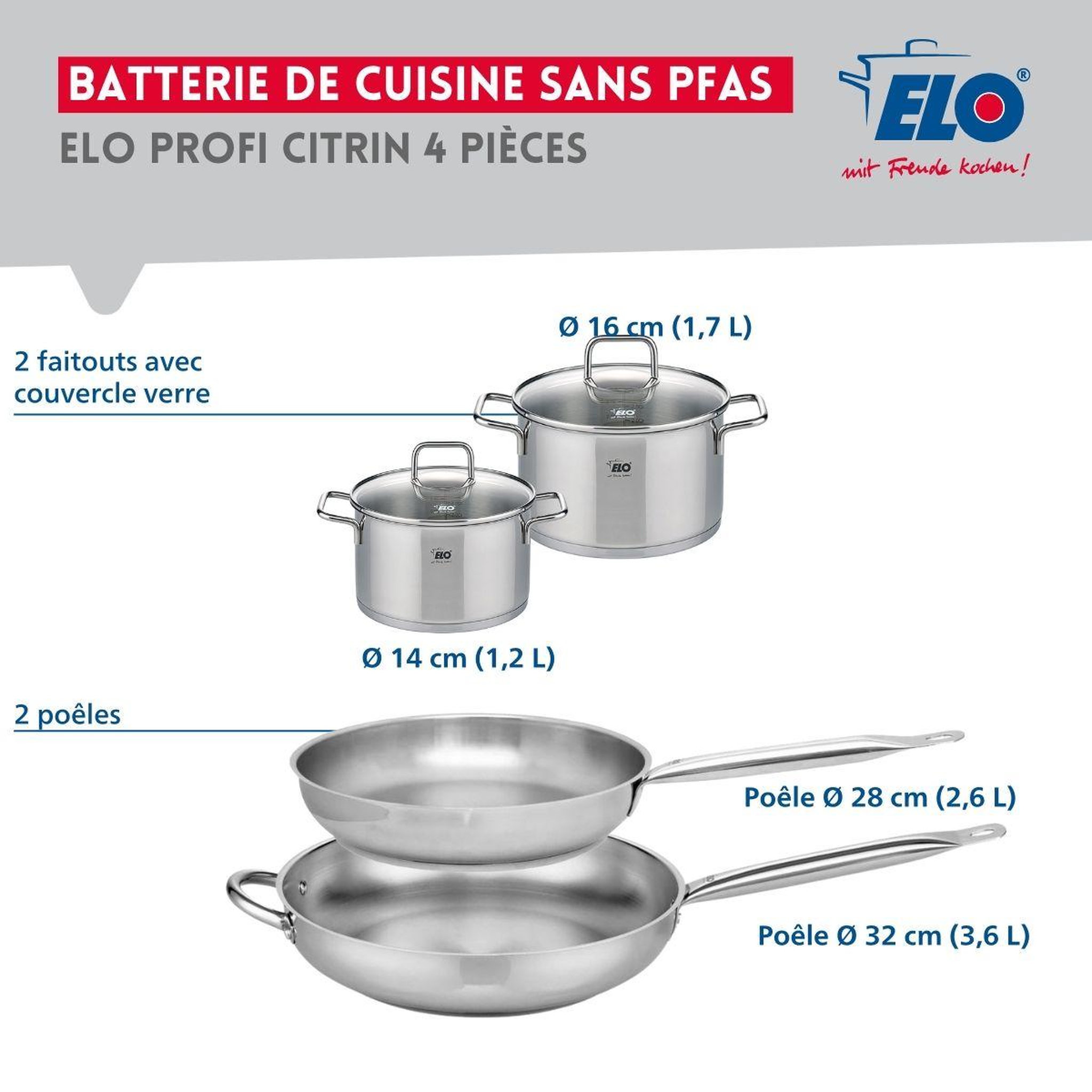 Voir la diapositive 2 : 666 Barcelona Ensemble de 2 Poêles de cuisson 28 et 32 cm et 2 faitouts 14 et 16 cm Elo Profi Citrin