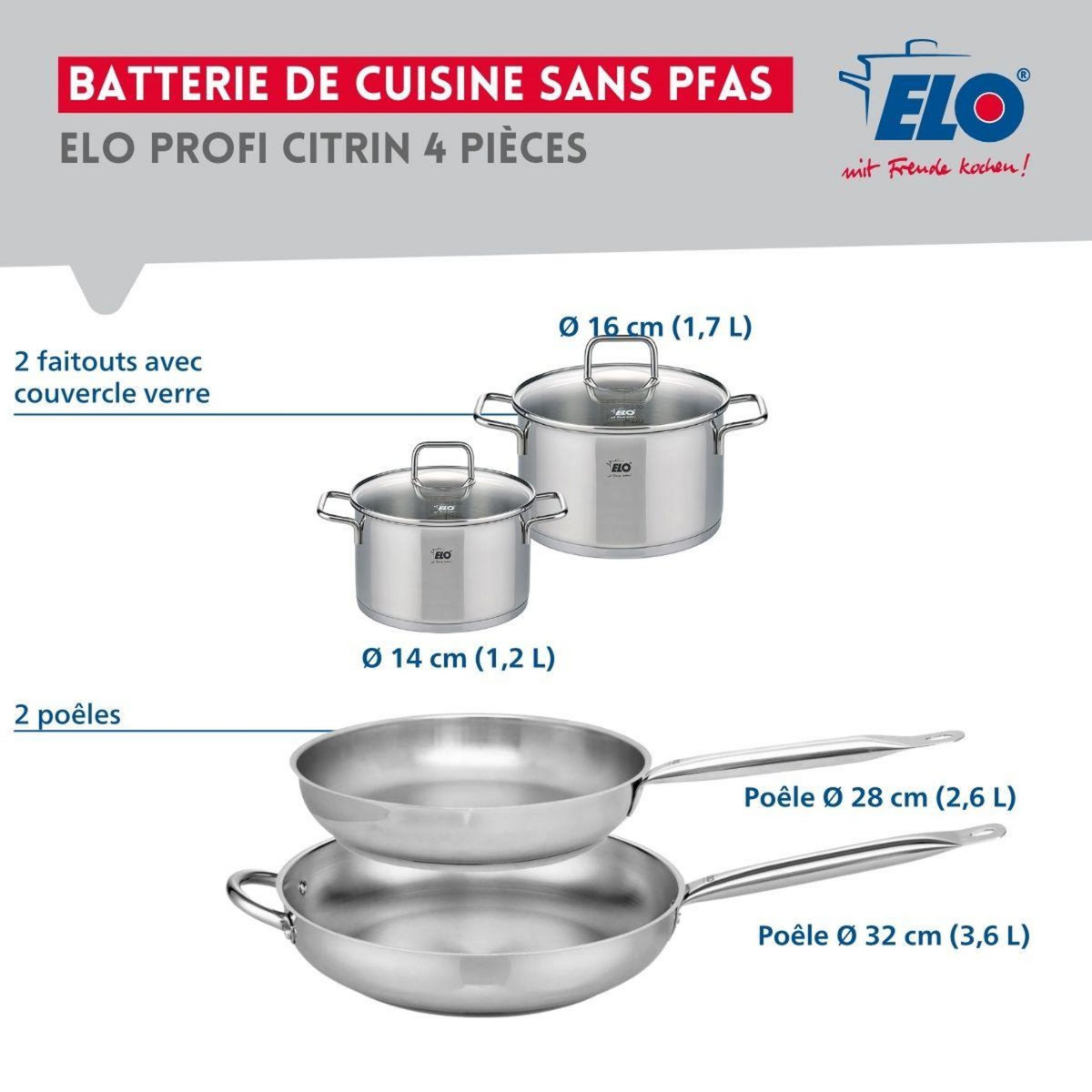 666 Barcelona Ensemble de 2 Poêles de cuisson 28 et 32 cm et 2 faitouts 14 et 16 cm Elo Profi Citrin