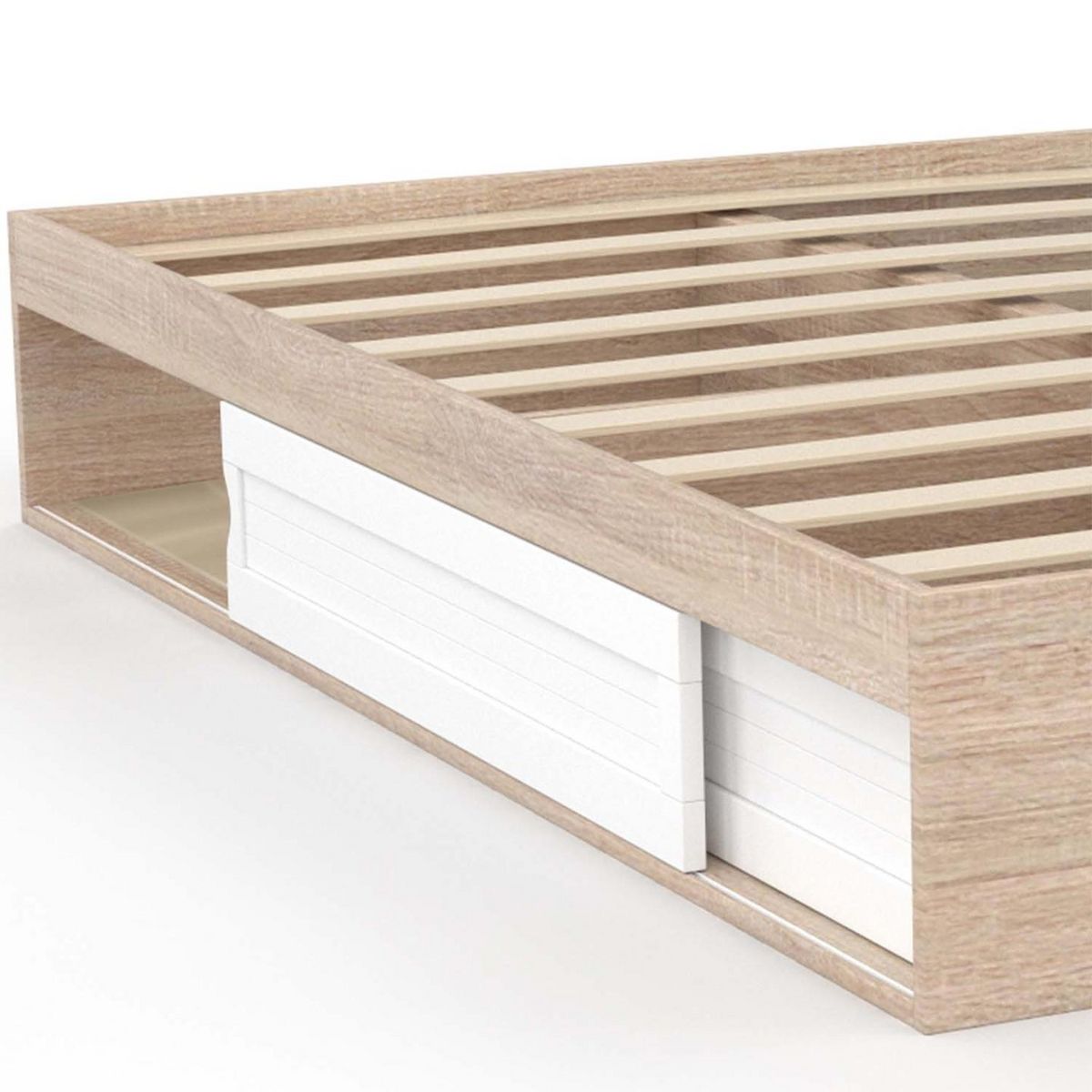 ID MARKET Cadre de lit double SALEM avec rangements et sommier 140 x 190 cm façon hêtre et blanc