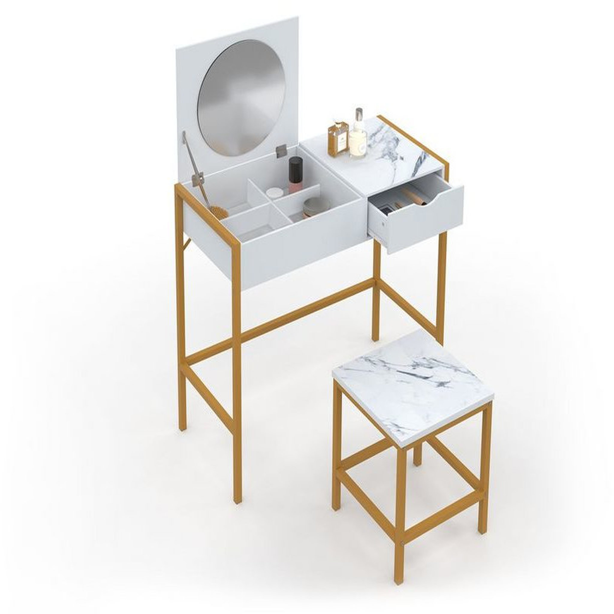 Voir la diapositive 1 : Coiffeuse avec miroir rabattable et tabouret effet marbre BELLE