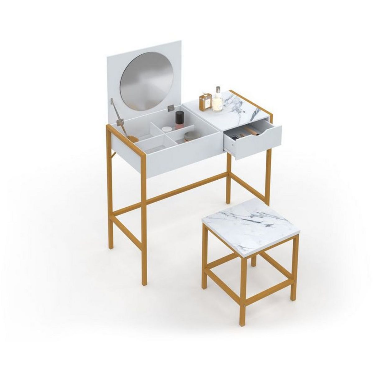Coiffeuse avec miroir rabattable et tabouret effet marbre BELLE