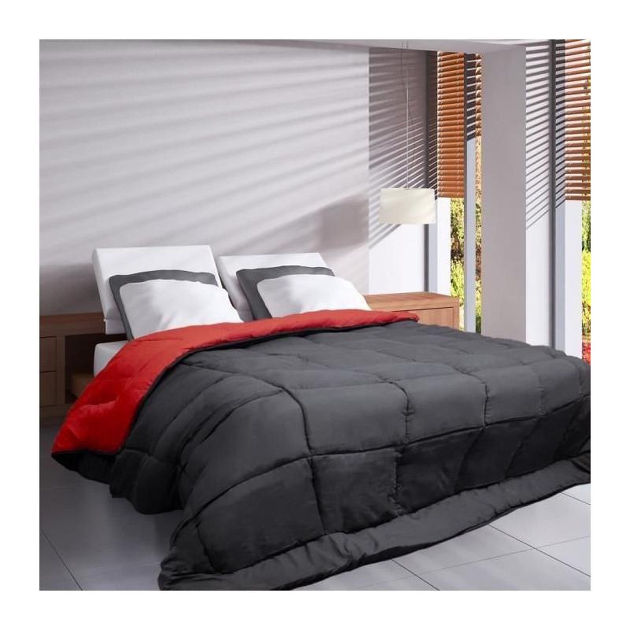 Voir la diapositive 2 : POYET MOTTE HUDSON Couette legere Microfibre 200g/m2 240x260cm Gris + Rouge