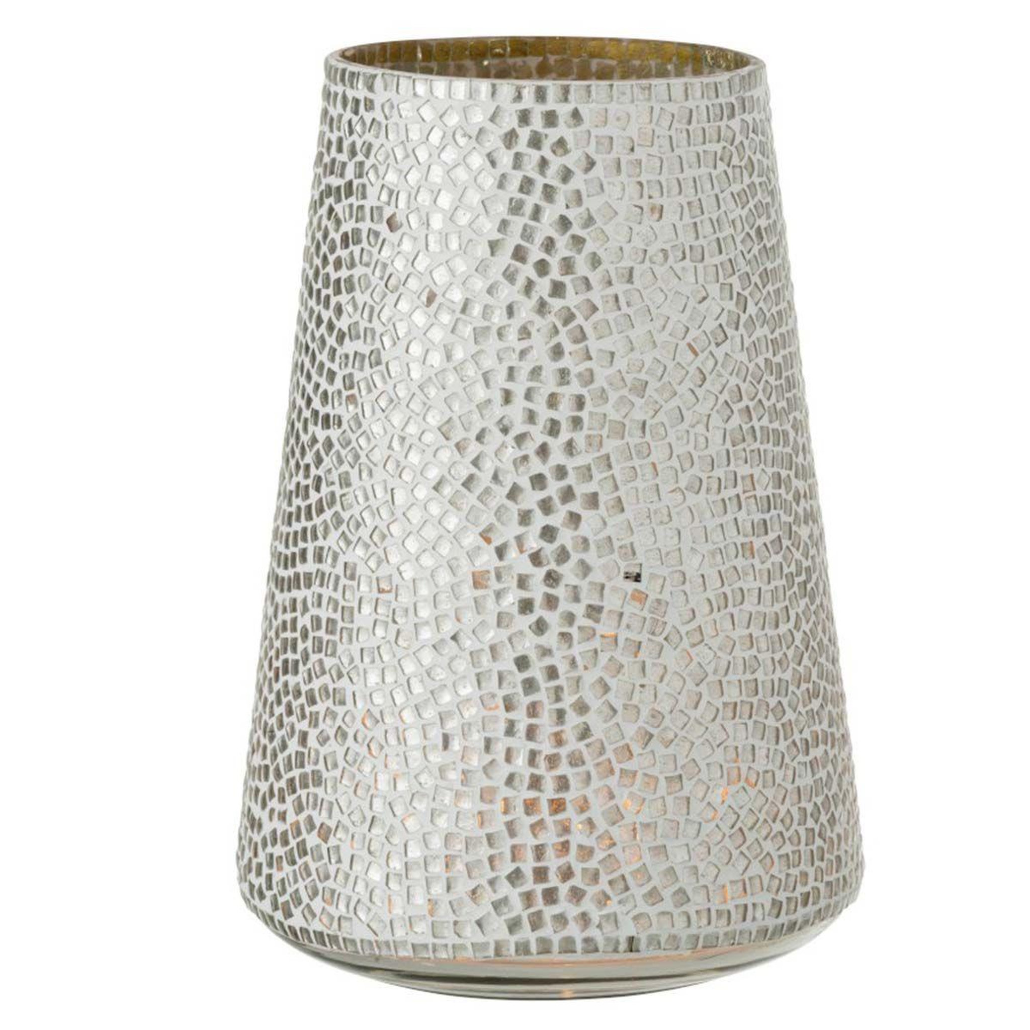 Voir la diapositive 2 : J-LINE Photophore en verre  mosaïques déco  30cm argent