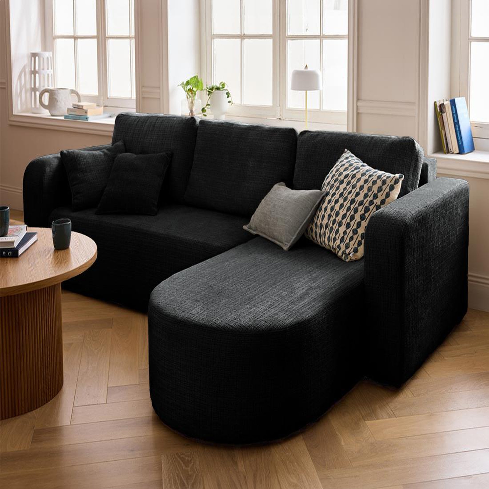 Voir la diapositive 2 : BEST MOBILIER Miro - canapé d'angle réversible - 4 places - convertible avec coffre - en velours texturé