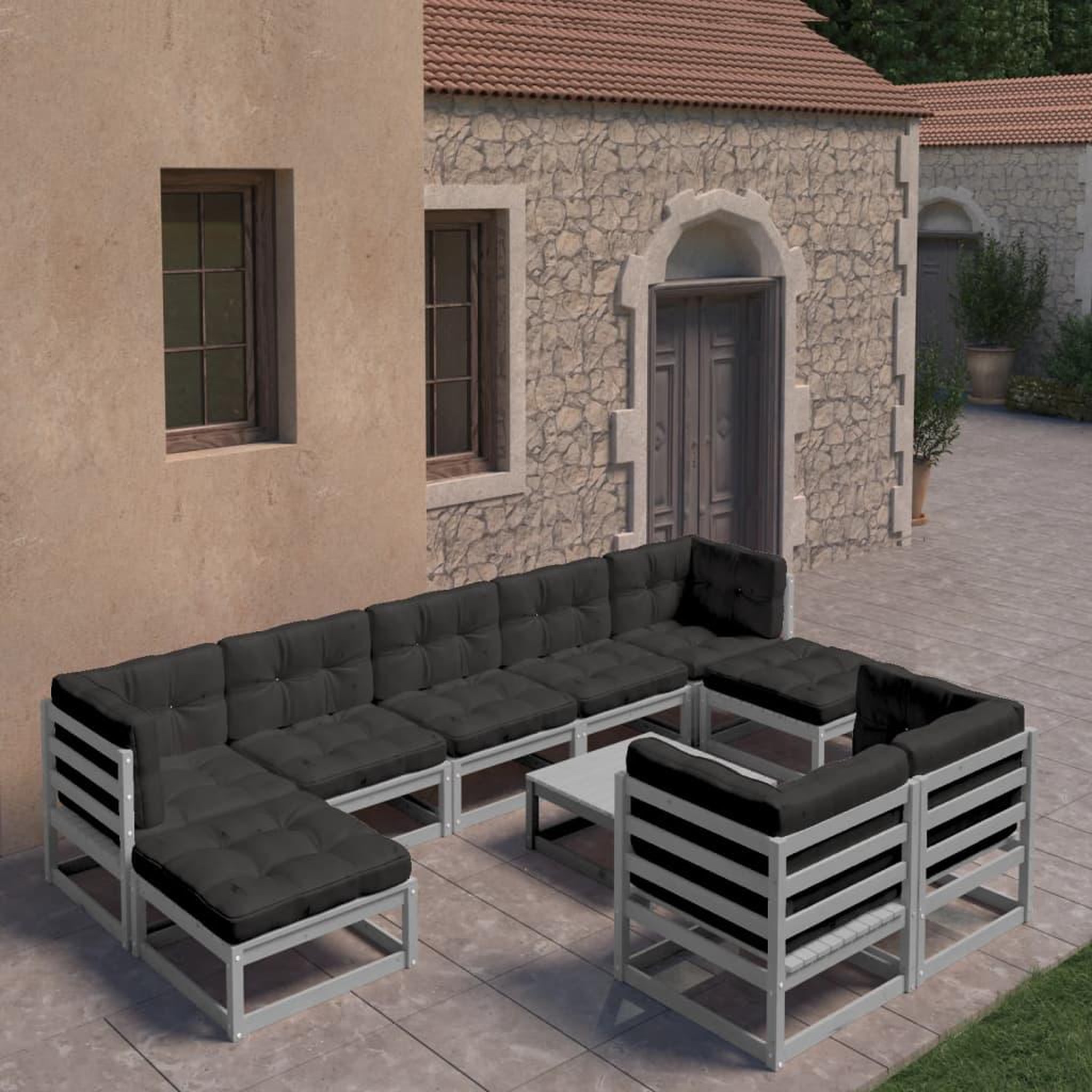 Voir la diapositive 1 : VIDAXL Salon de jardin 10 pcs avec coussins Gris Bois de pin massif