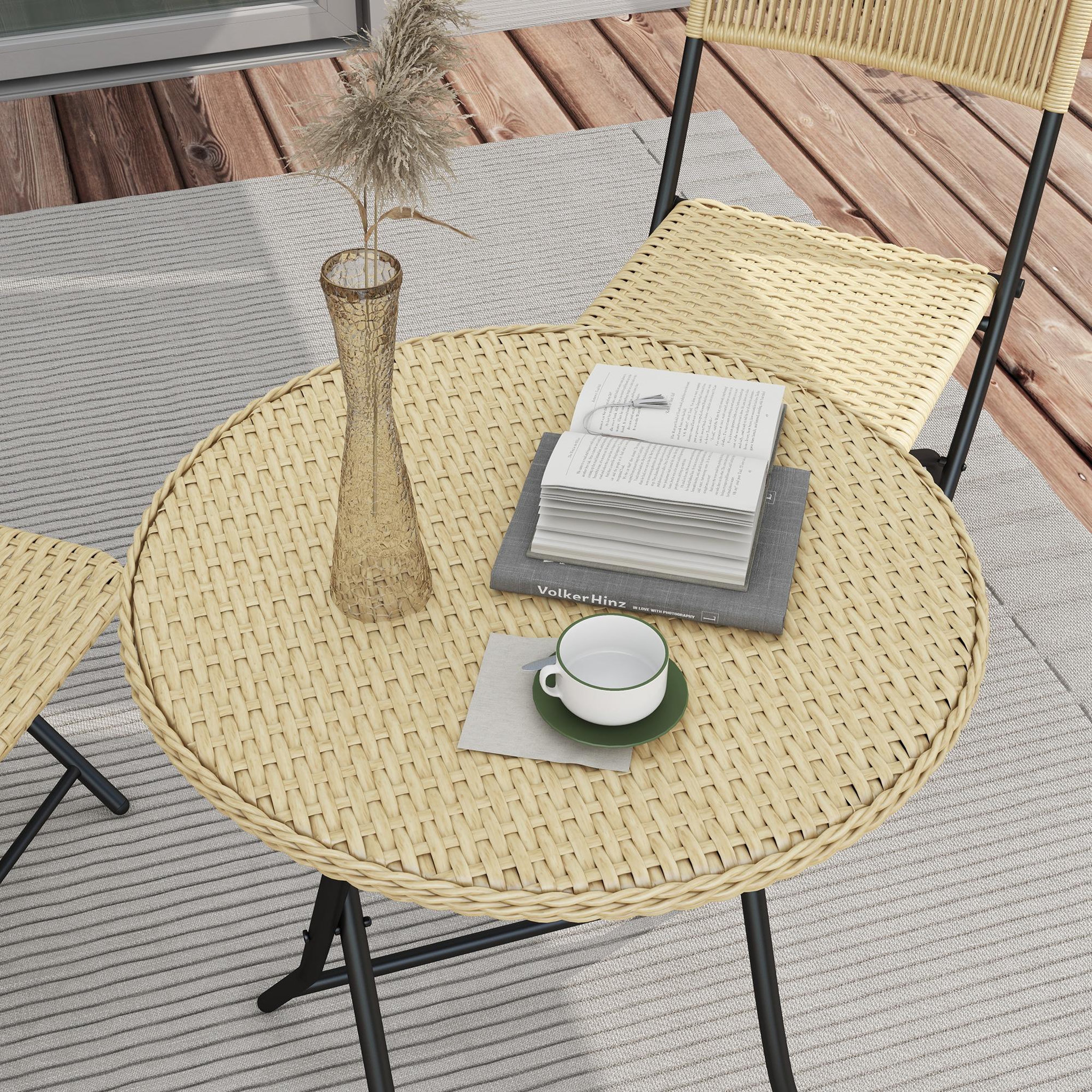 Voir la diapositive 5 : OUTSUNNY Ensemble bistro de jardin 3 pièces pliantes style cosy 2 chaises + table acier époxy noir résine tressée beige