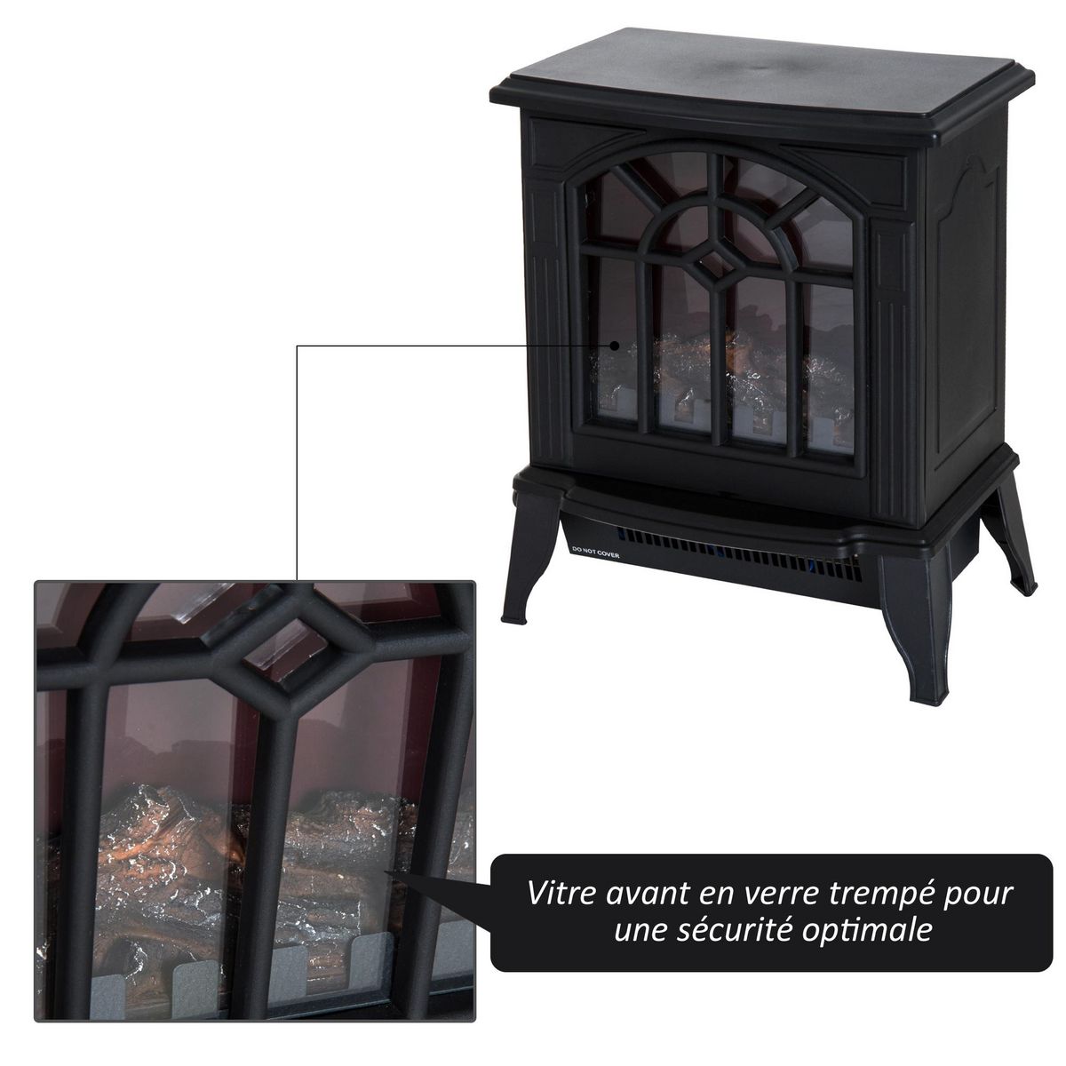 HOMCOM Cheminée électrique poêle style rétro 900-1800 W simulation flammes LED porte noir