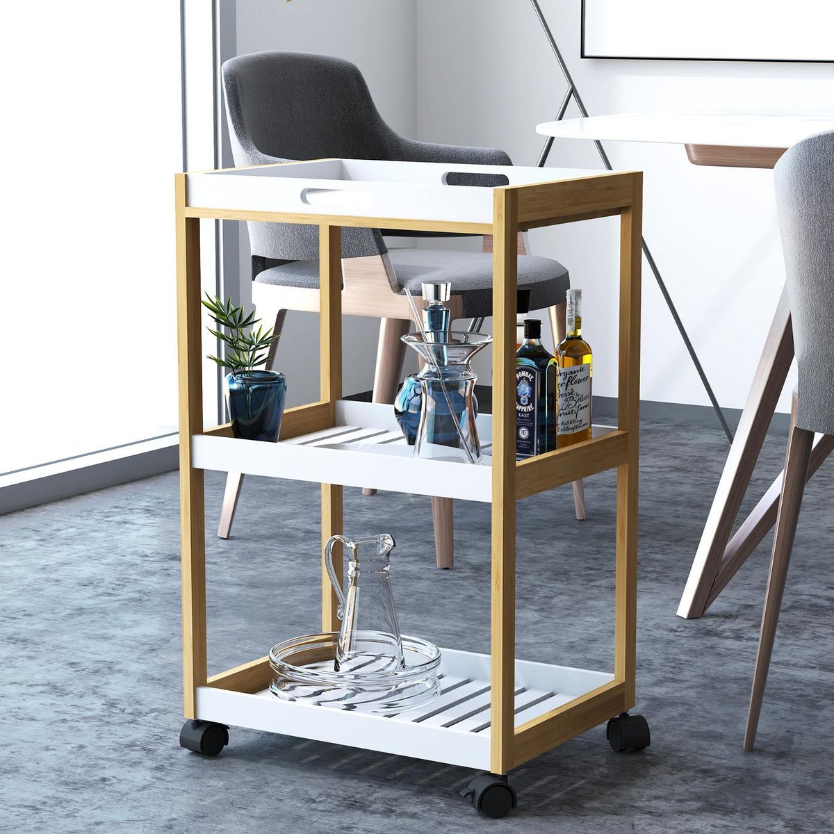 HOMCOM Chariot de service desserte de cuisine à roulettes 2 étagères + plateau amovible bois de pin MDF blanc