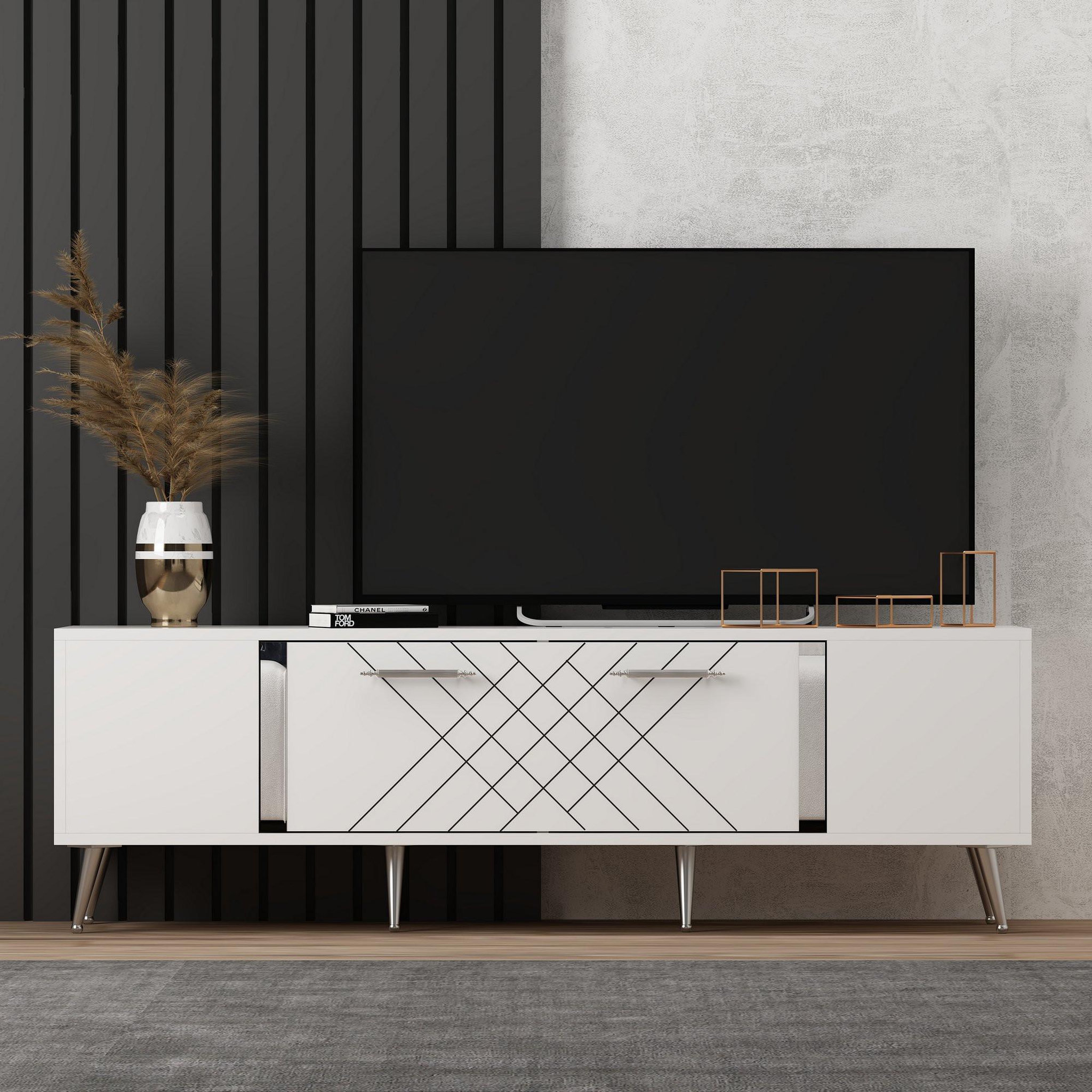 Voir la diapositive 2 : Habitat et Jardin Meuble tv en bois  detas  - 150 x 35 x 48 cm - argent