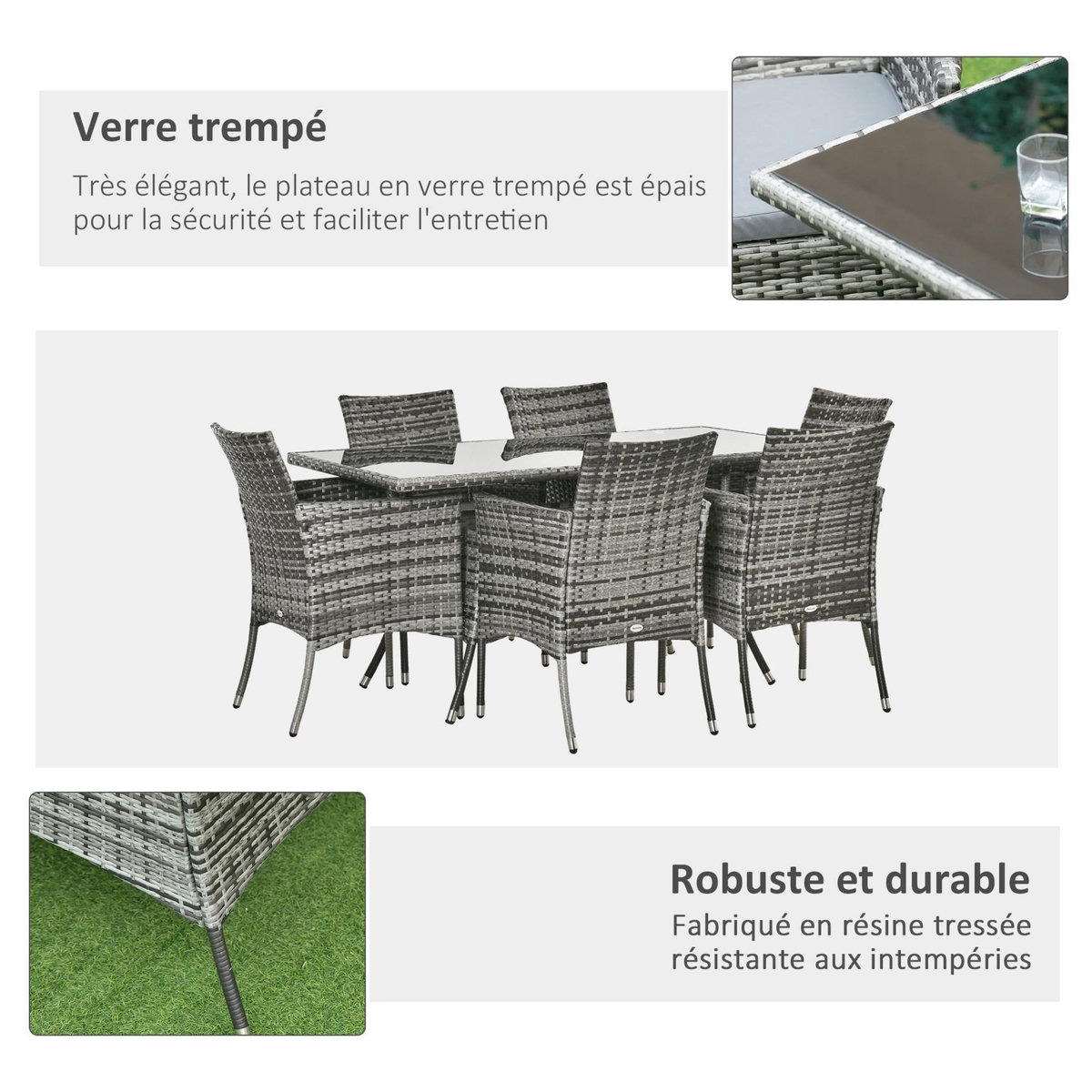 OUTSUNNY Outsunny Ensemble salon de jardin 6 personnes - grande table rectangulaire, 6 fauteuils - 6 coussins d'assise déhoussables inclus - métal époxy verre trempé 5 mm résine tressée grise