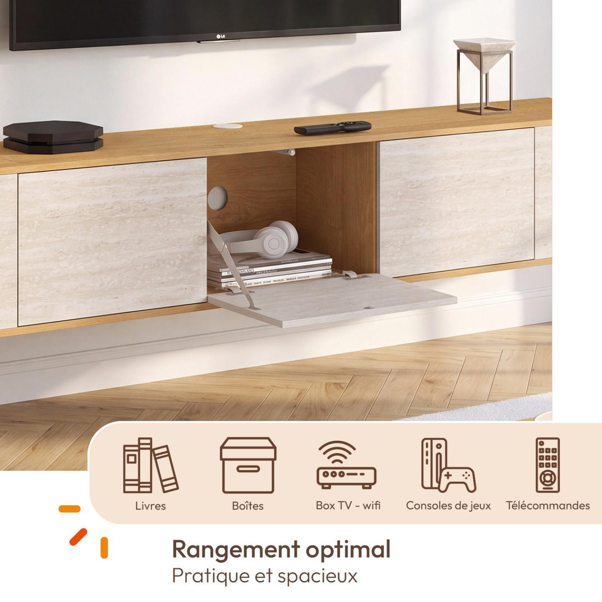 Voir la diapositive 4 : ID MARKET Meuble tv 180 cm suspendu leora 3 portes effet travertin et bois