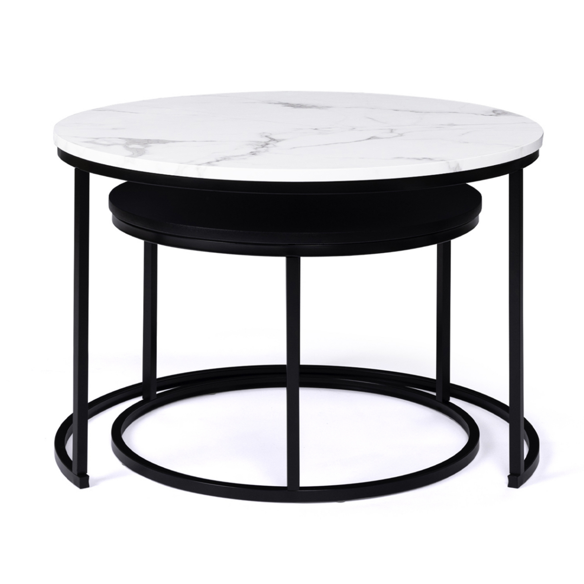 ID MARKET Lot de 2 tables basses gigognes ALASKA rondes 54/70 effet marbre et noir pieds métal