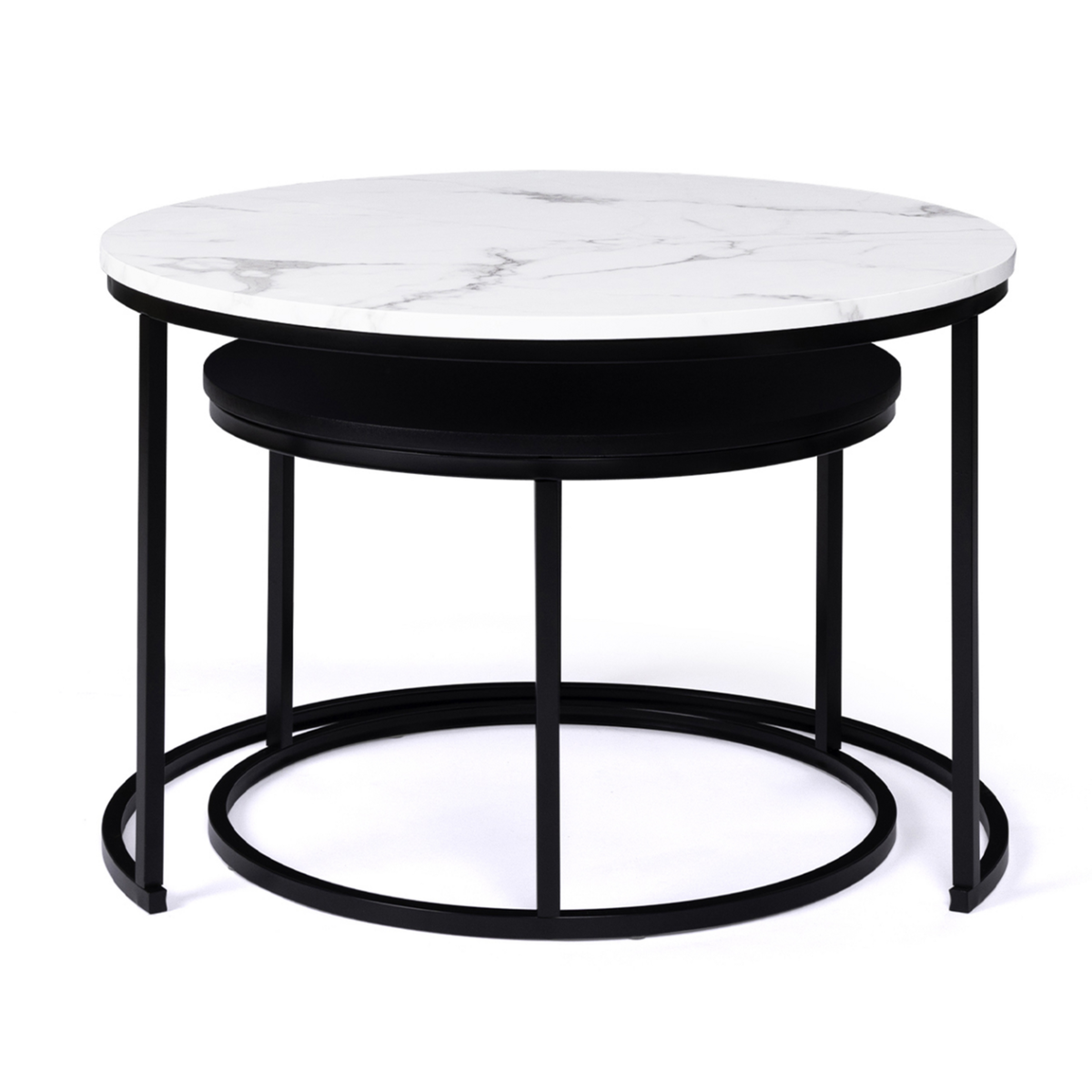 ID MARKET Lot de 2 tables basses gigognes ALASKA rondes 54/70 effet marbre et noir pieds métal