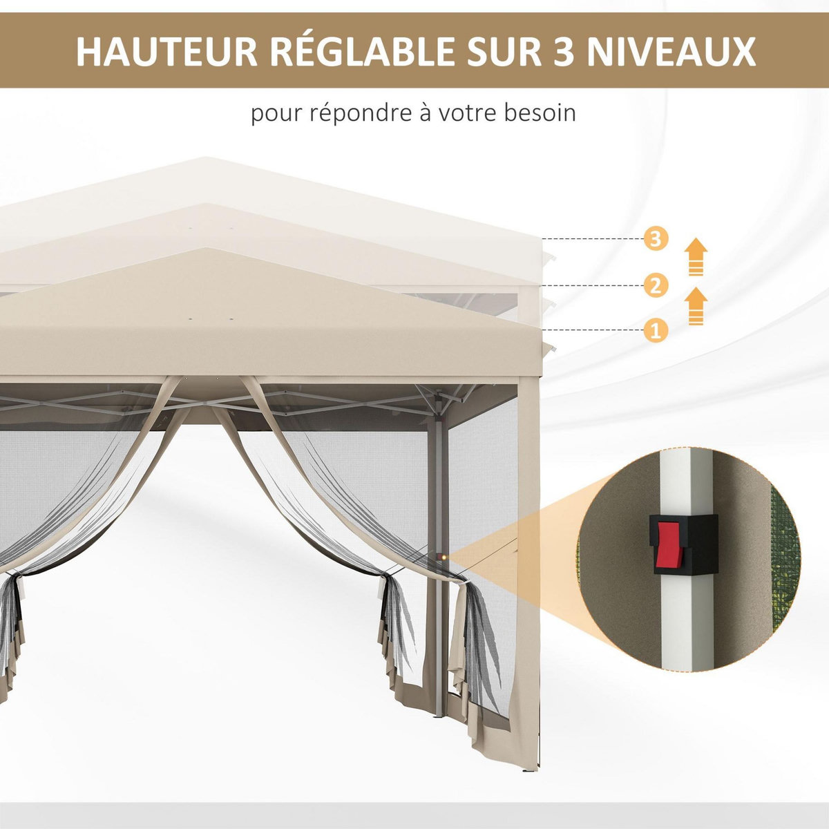 OUTSUNNY Tonnelle barnum pliant pop-up dim. 3L x 3l x 2,65H m 4 moustiquaires sac transport noir beige