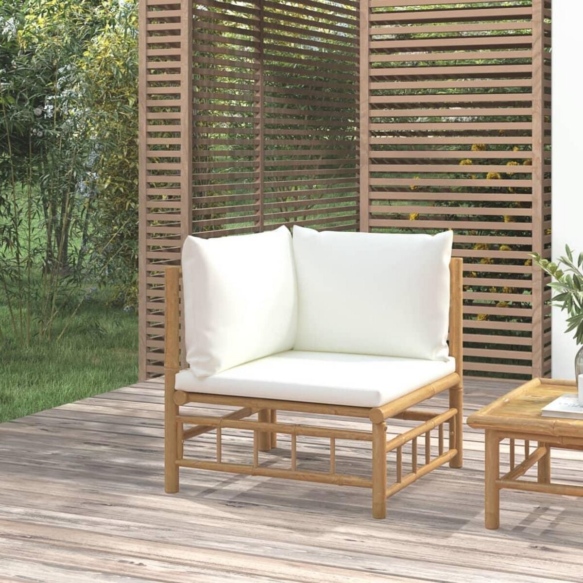 VIDAXL Canape d'angle de jardin avec coussins blanc creme bambou
