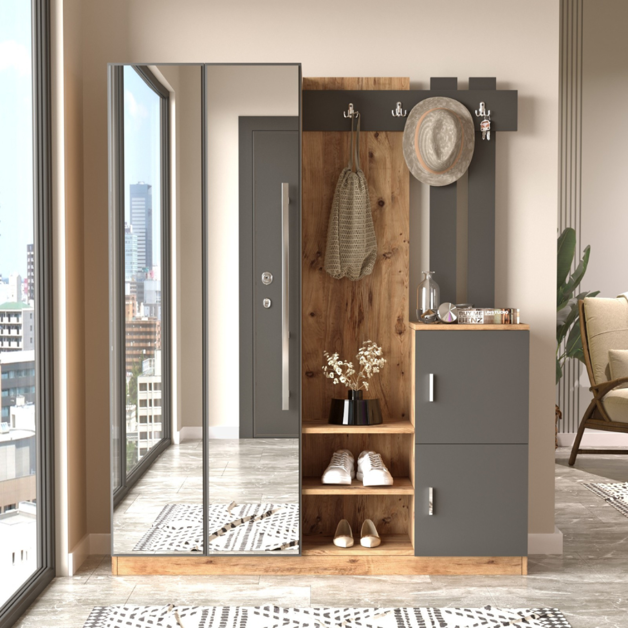 Voir la diapositive 4 : CONCEPT USINE Meuble d'entrée design bois et gris avec miroir ANKA