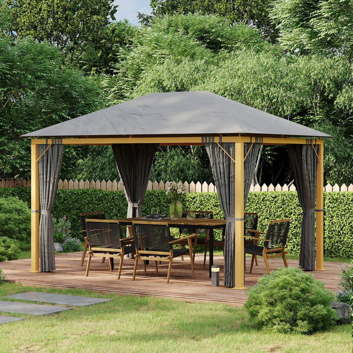 OUTSUNNY Pavillon de jardin style contemporain - barnum avec rideaux - dim. 3,97L x 2,97l x 2,8H m - alu. aspect bois polyester gris