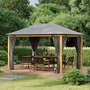 Voir la diapositive 2 : OUTSUNNY Pavillon de jardin style contemporain - barnum avec rideaux - dim. 3,97L x 2,97l x 2,8H m - alu. aspect bois polyester gris