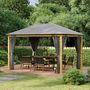 Voir la diapositive 2 : OUTSUNNY Pavillon de jardin style contemporain - barnum avec rideaux - dim. 3,97L x 2,97l x 2,8H m - alu. aspect bois polyester gris