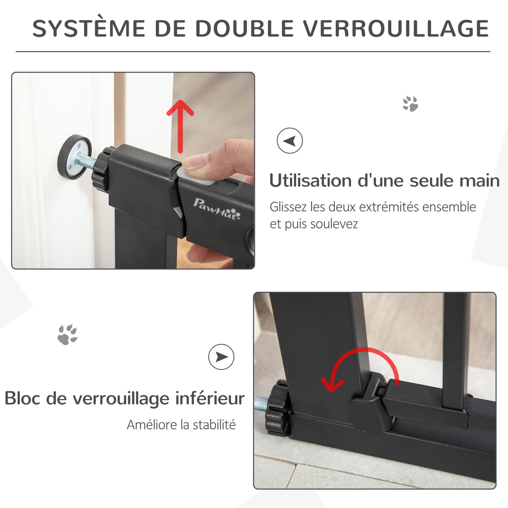 Voir la diapositive 4 : PAWHUT Barrière de sécurité chien l.75-82 x h.76 cm porte verrouillable fixation pression noir