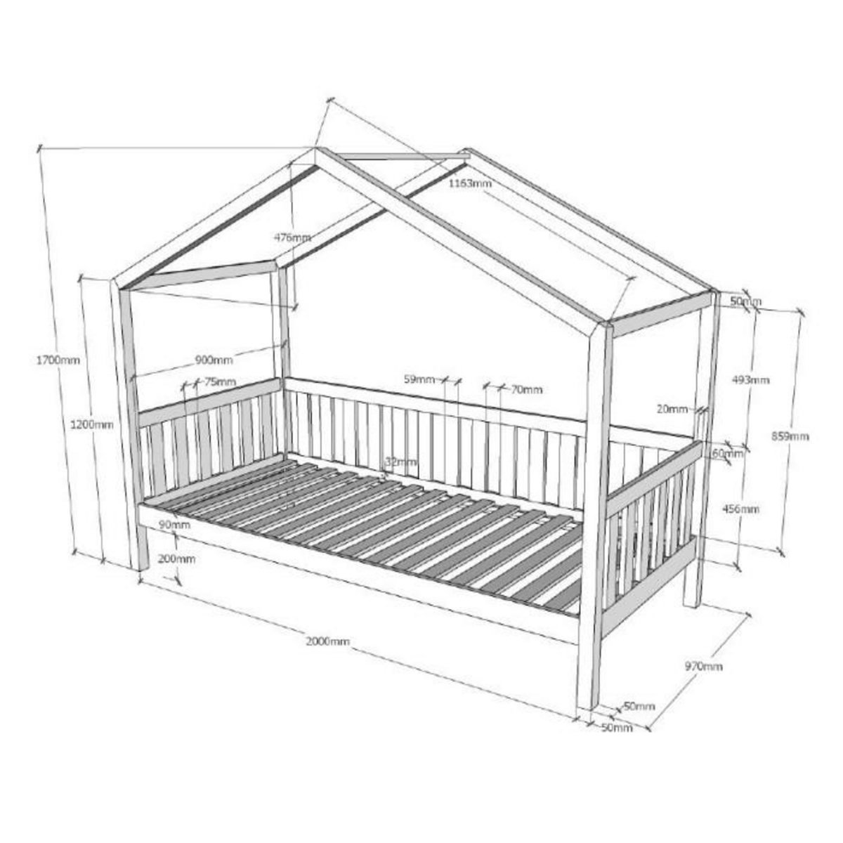Paris Prix Lit Cabane Enfant & Tiroir  Dallas  90x200cm Anthracite