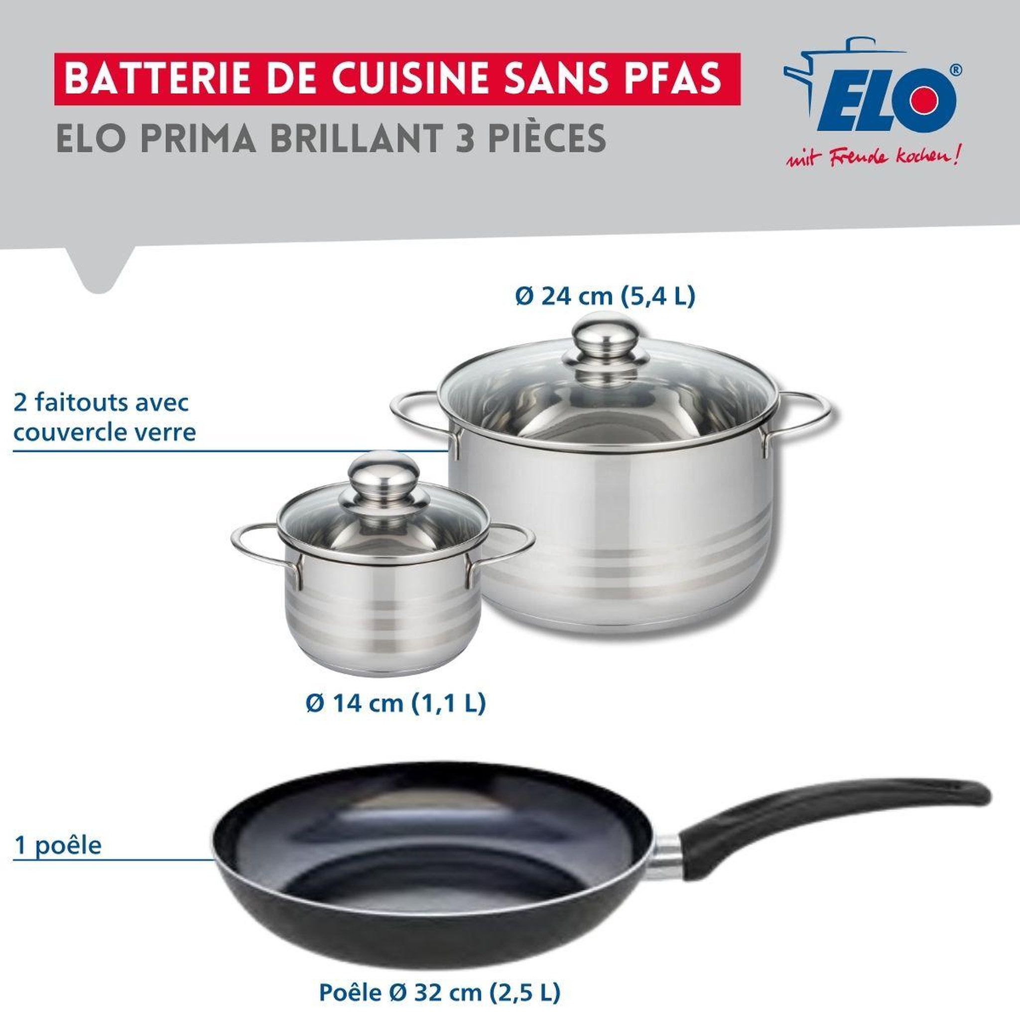 Voir la diapositive 2 : ELO Ensemble de 1 poêle de cuisson 32 cm et 2 faitouts 14 et 24 cm elo prima brillant