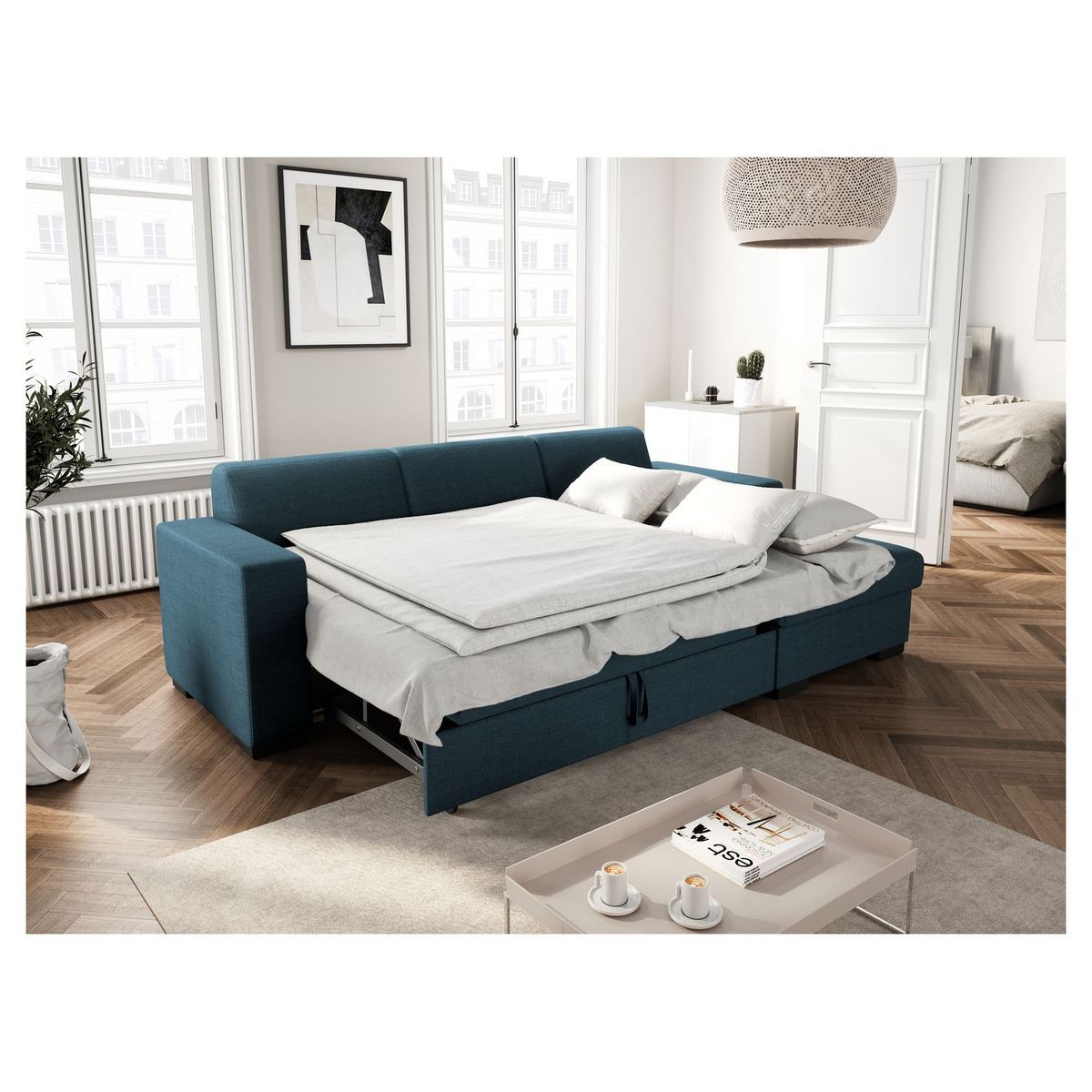 Canapé d'angle droit convertible 4 places avec coffre  de rangement revêtement tissu CARIBEA 