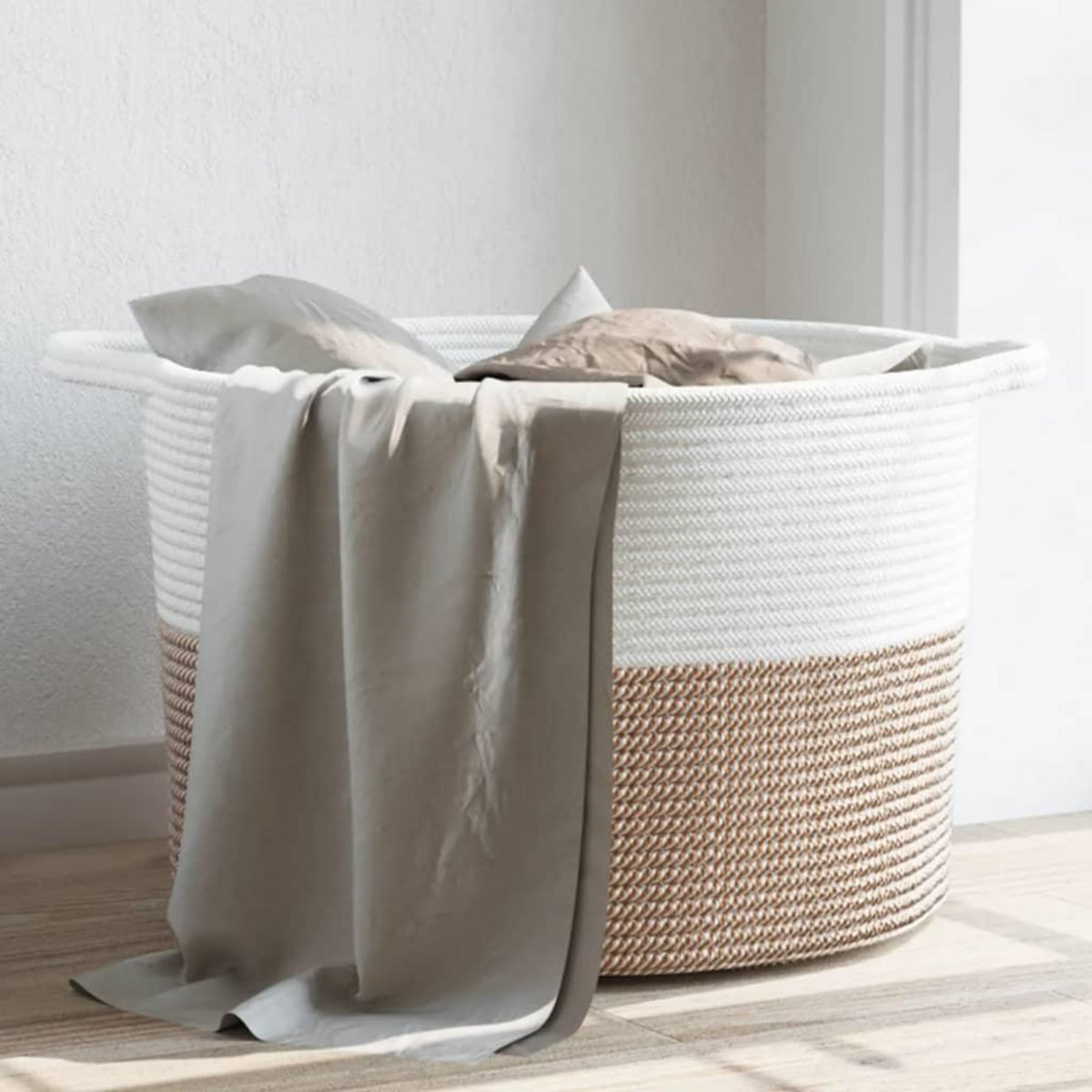 VIDAXL Panier a linge marron et blanc Ø55x36 cm coton