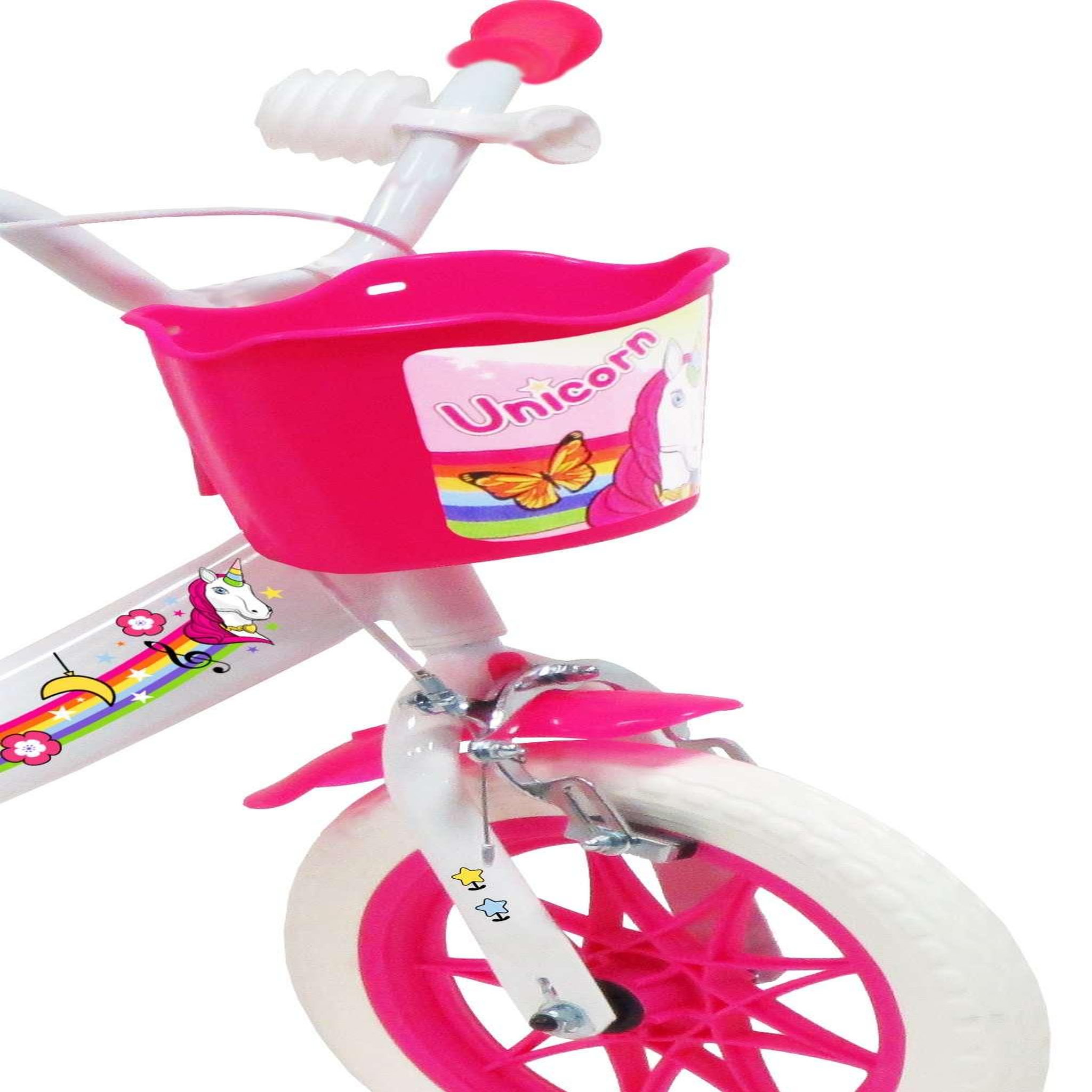Voir la diapositive 4 : Vélo enfant - Modèle 12'' Fille  Unicorn  pour enfant de 85/100 cm avec stabilisateurs à molettes - 1 Frein - Panier avant - Porte poupée arrière