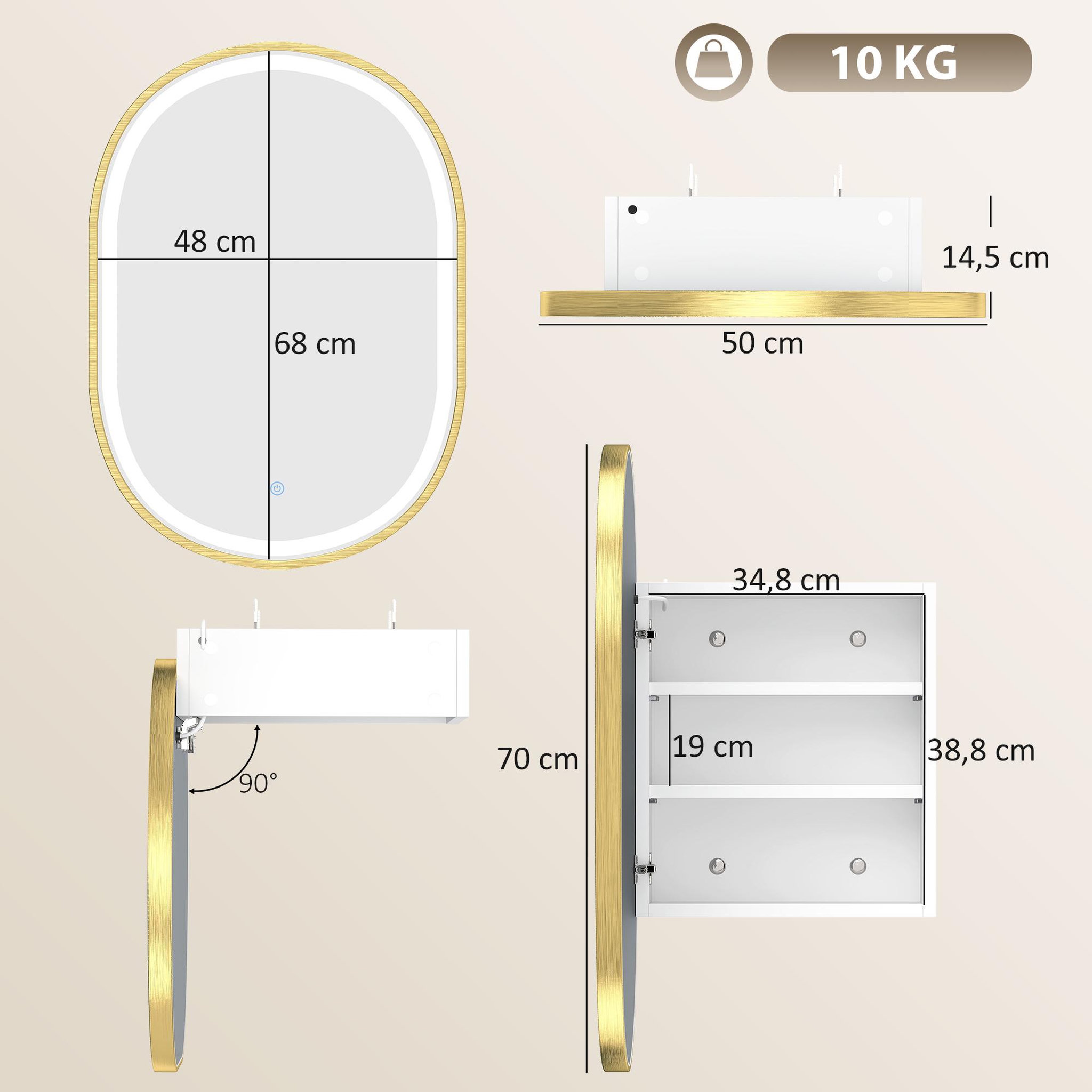 Voir la diapositive 3 : HOMCOM Armoire miroir led réglable salle de bain design ovale alu brossé doré 2 étagères