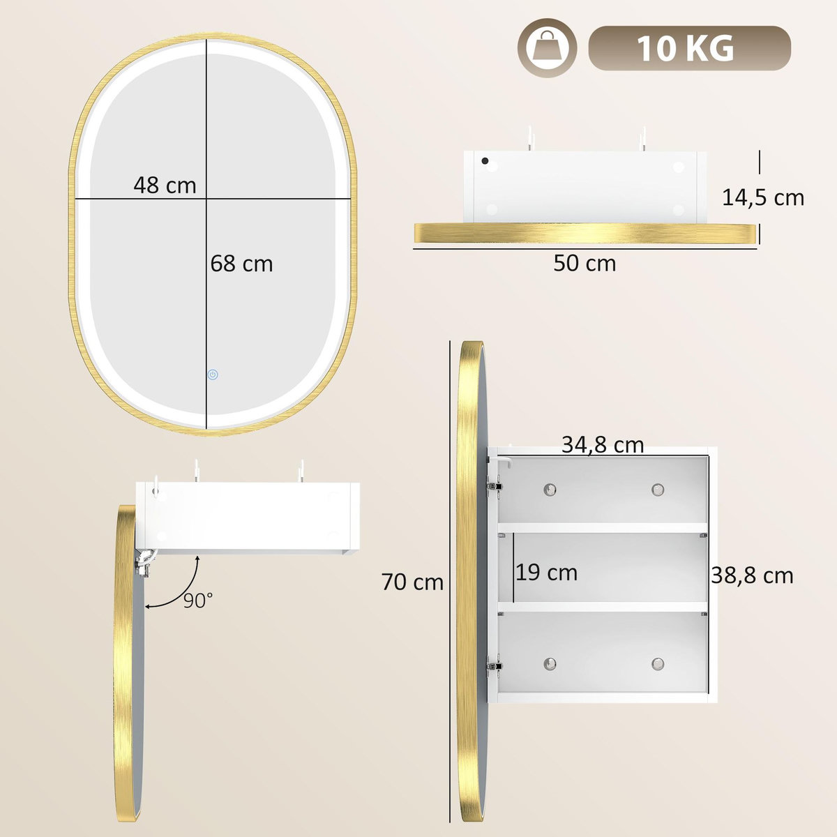 HOMCOM Armoire miroir LED réglable salle de bain design ovale alu brossé doré 2 étagères